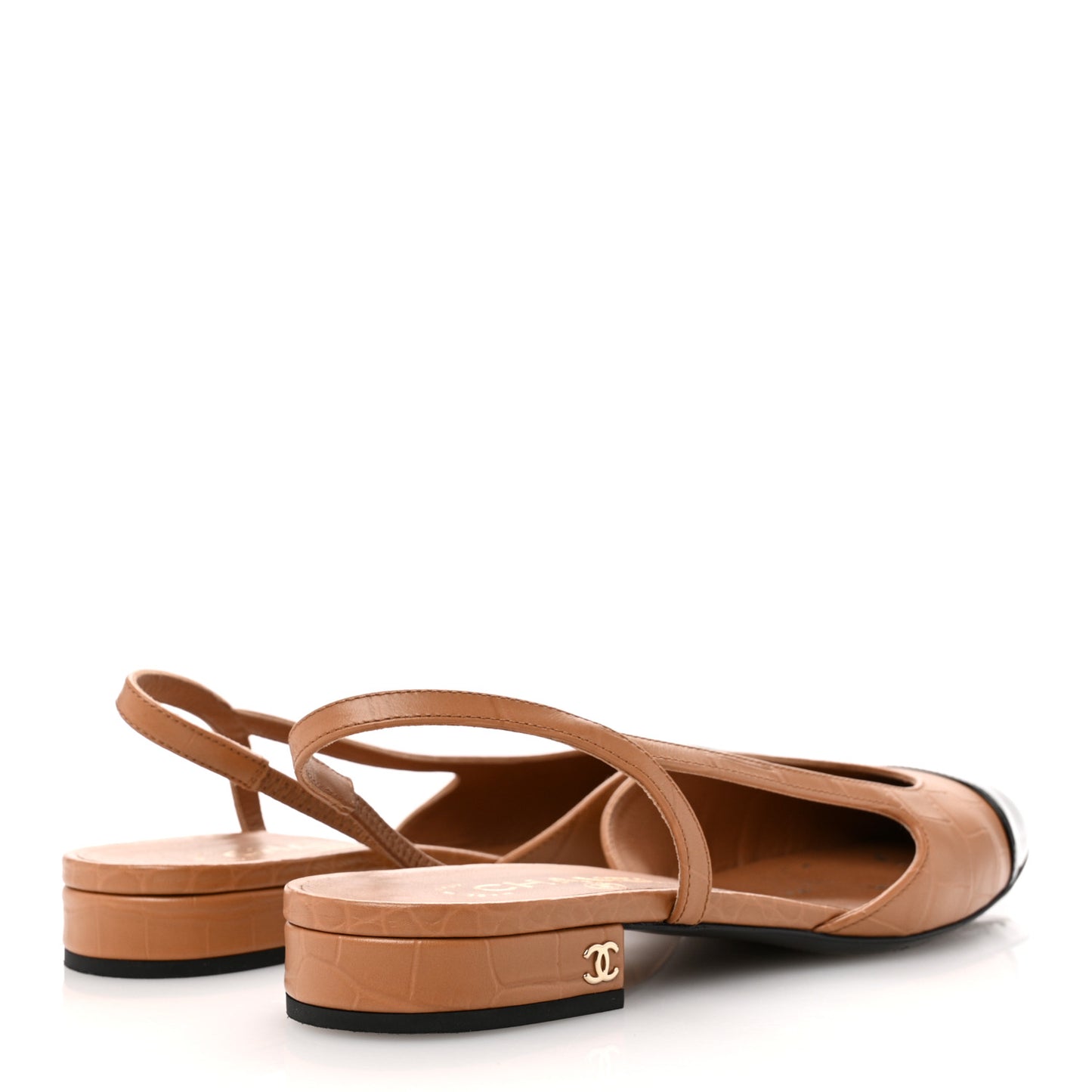 Calfskin Crocodile Embossed Patent Cap Toe CC Slingback Flats 39 Light Brown Black