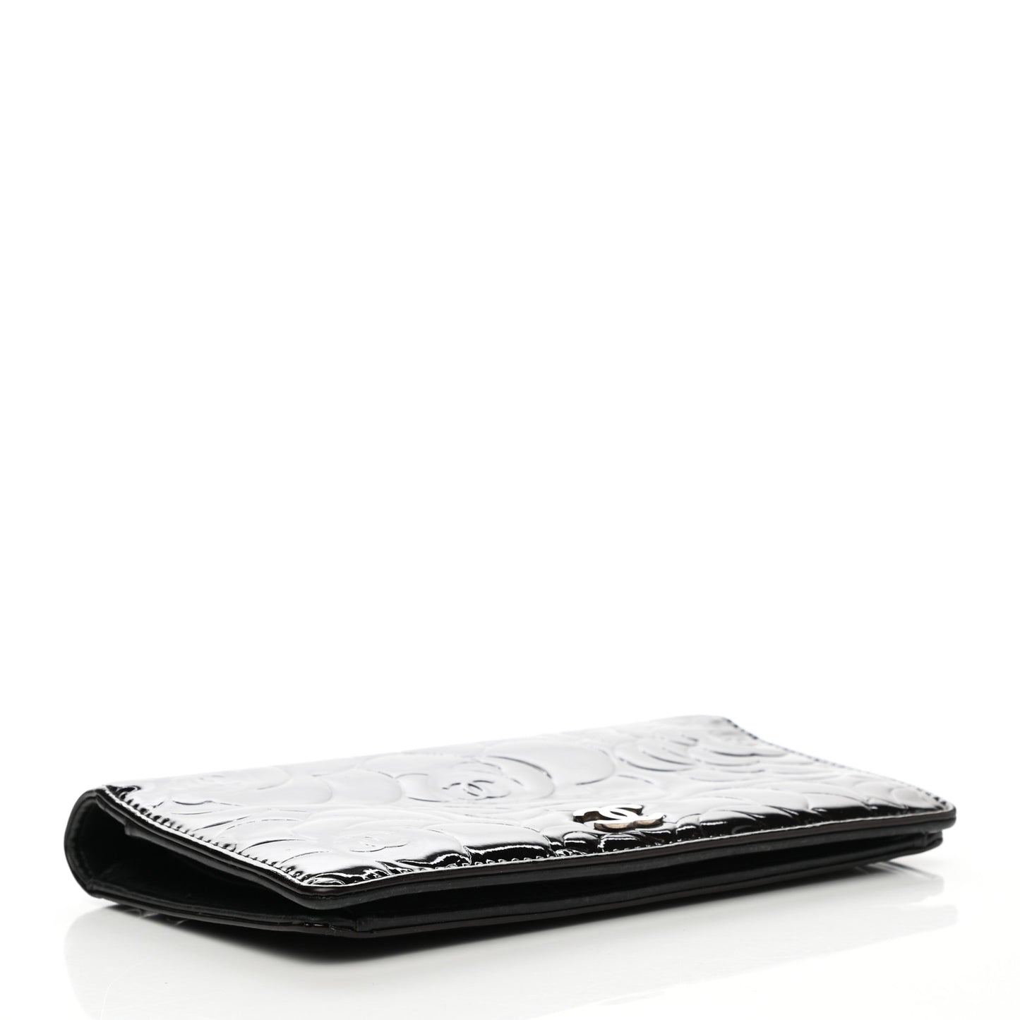 Patent Camellia Embossed Yen Wallet Black