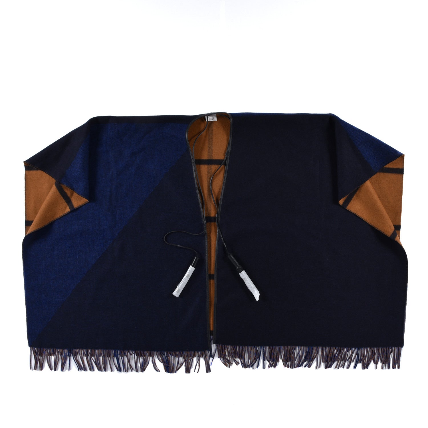 Hermes Wool Calfskin Reversible Highlands Poncho Navy Royal Fauve 1 of 7