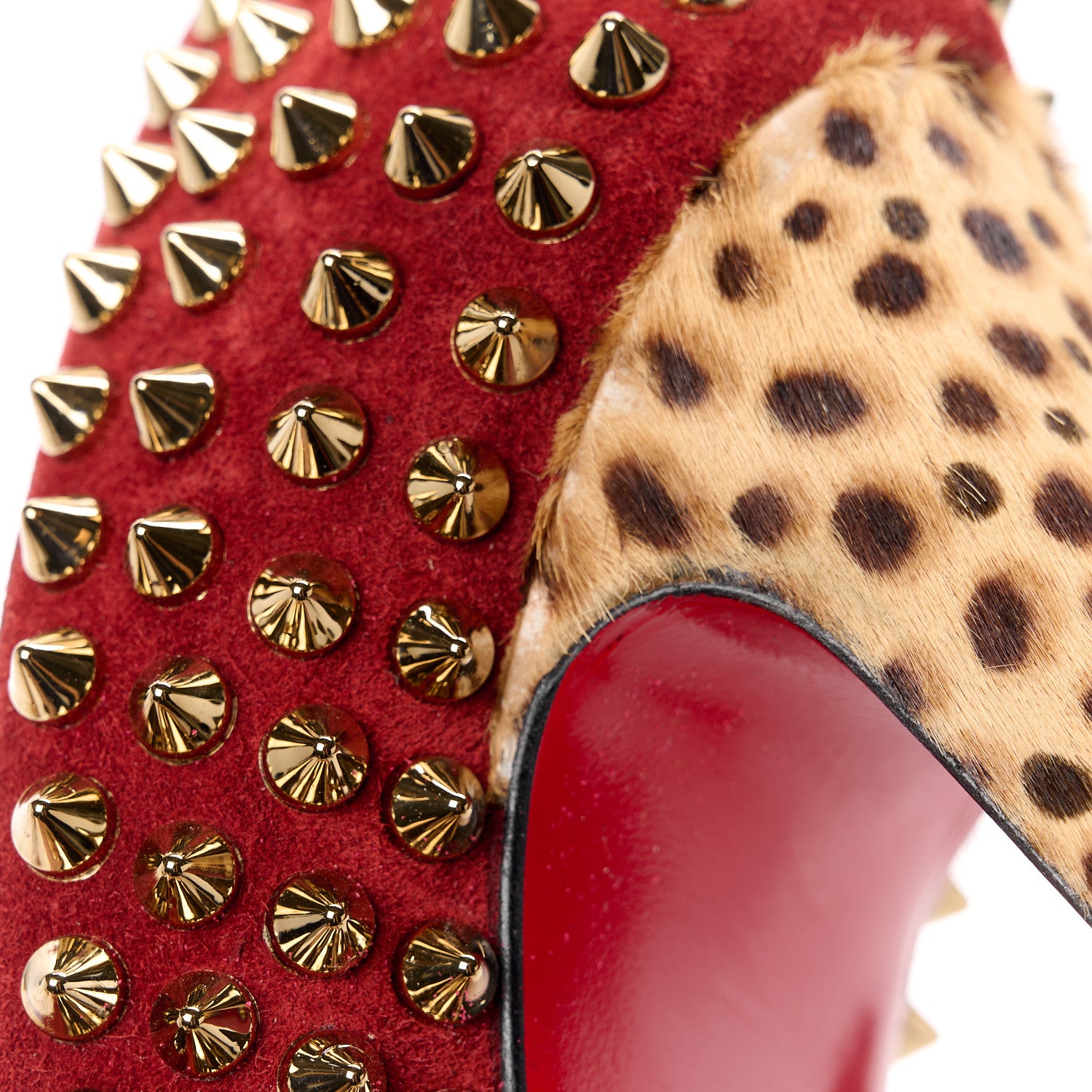 Christian Louboutin Veau Velours Calf Hair Leopard Lady Peep Spikes 150 Pumps 39.5 Red 9 of 11