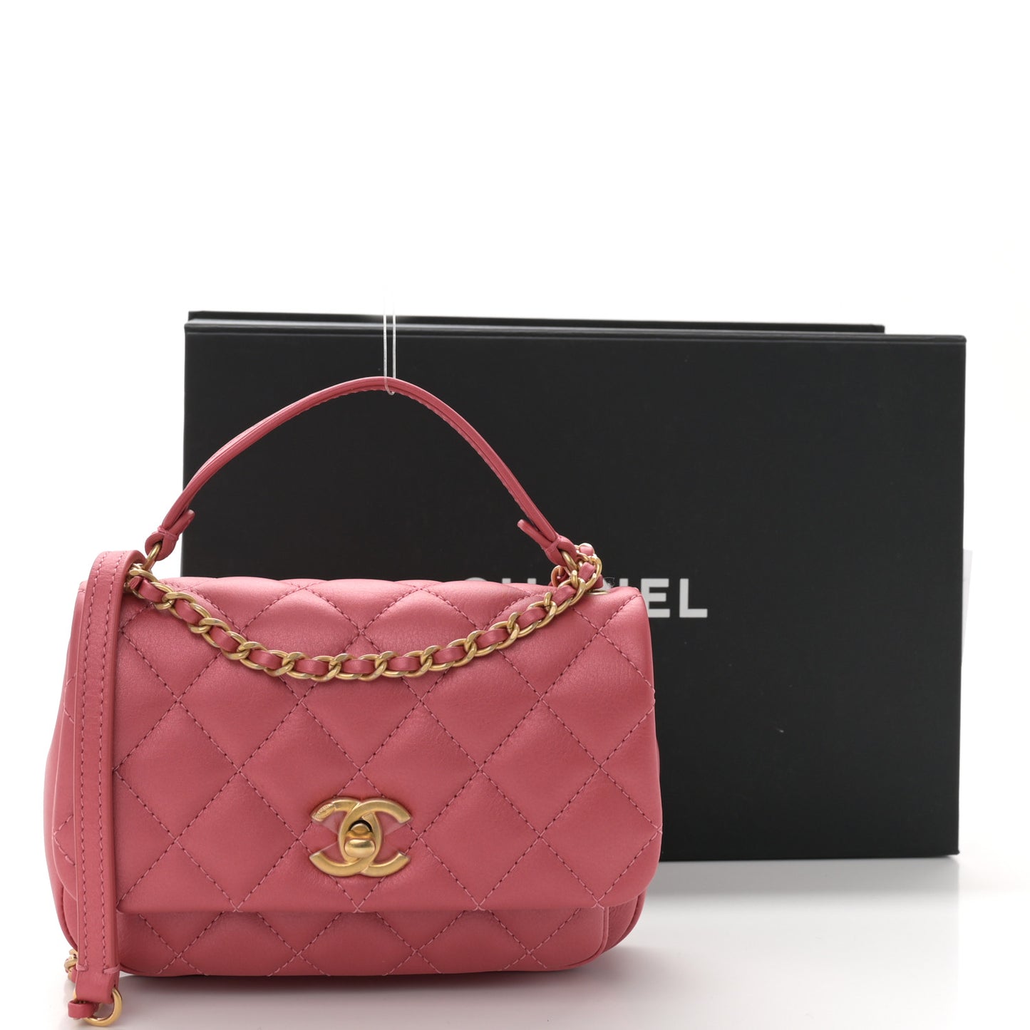 Metallic Calfskin Quilted Top Handle Flap Dark Pink