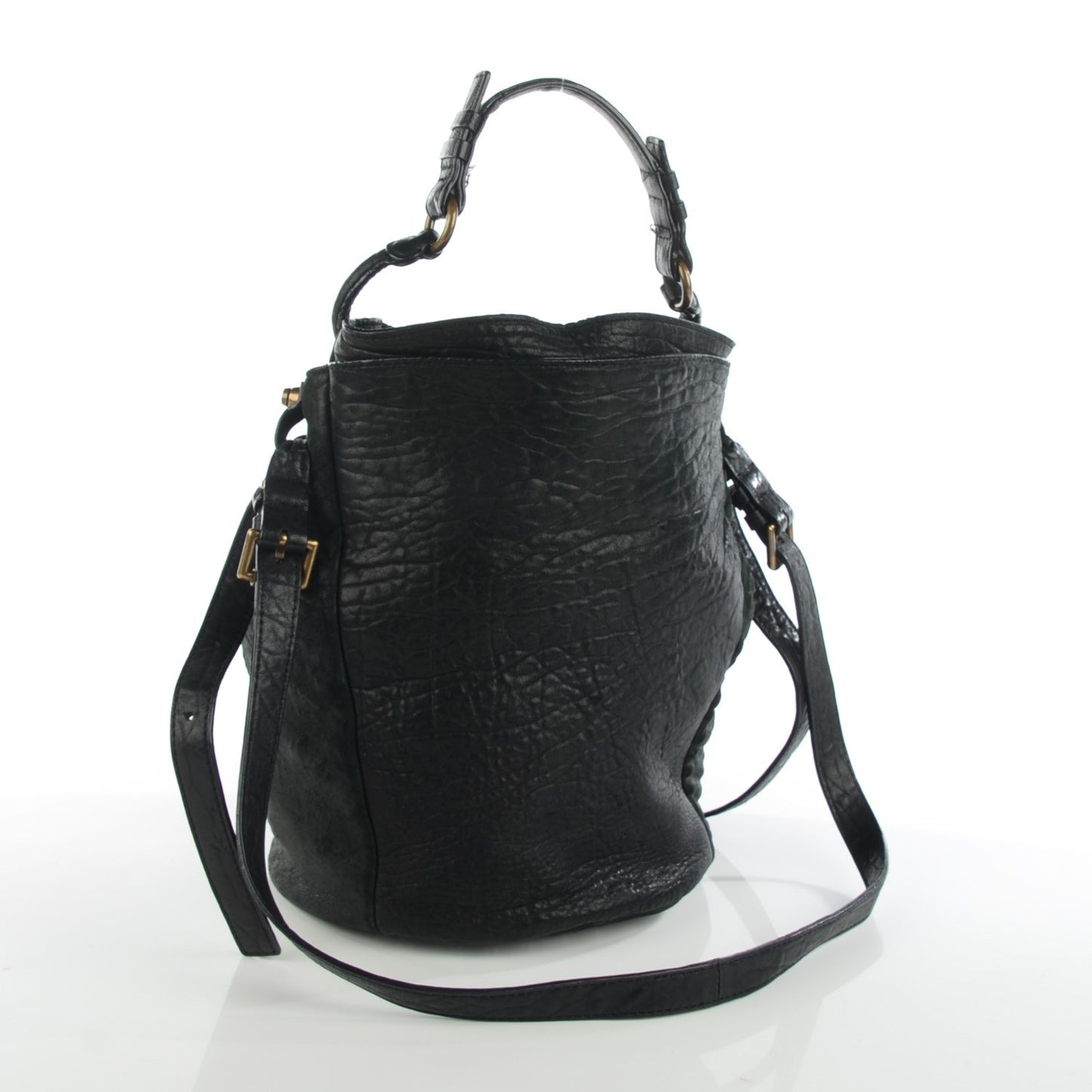 Pebbled Lambskin Diego Bucket Bag Black Antique Brass Hardware
