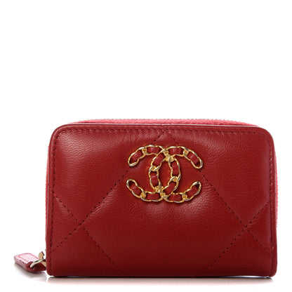 Chanel Goatskin Quilted Chanel 19 Zip Around Coin Purse Wallet Red 1 of 8