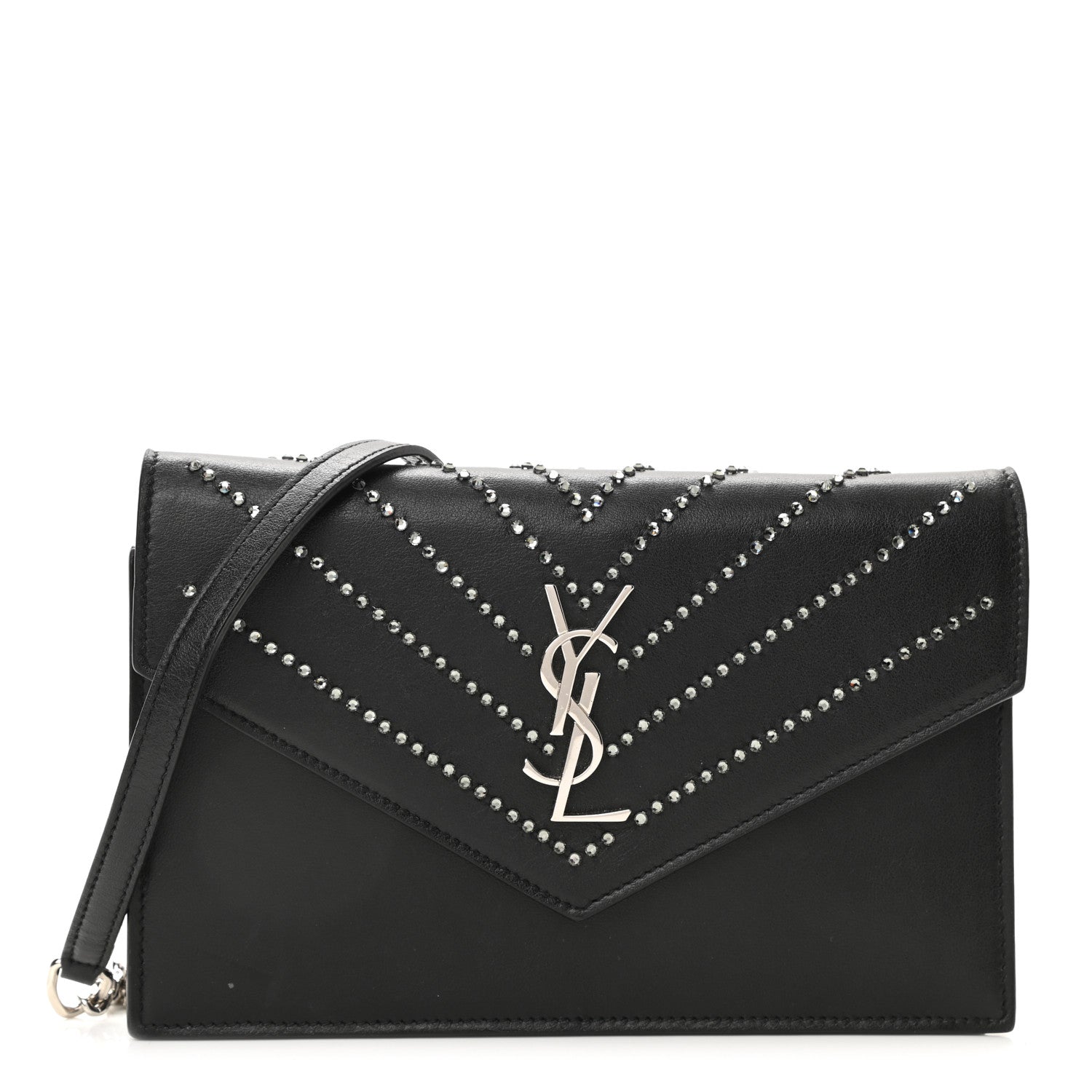 Saint Laurent Calfskin Studded Monogram Envelope Chain Wallet Black 1 of 9