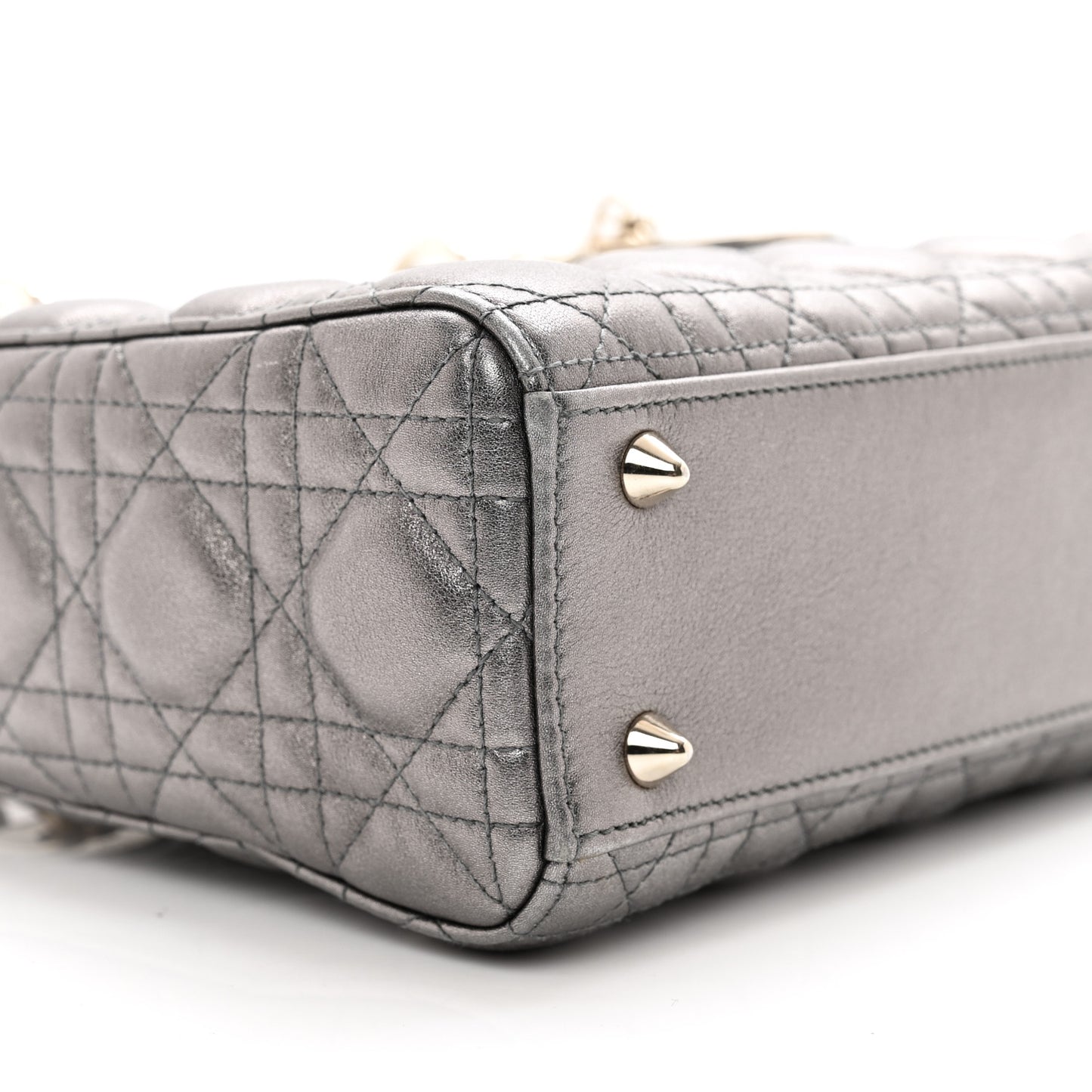 CHRISTIAN DIOR Metallic Grained Calfskin Cannage Small Lady Dior Gunmetal