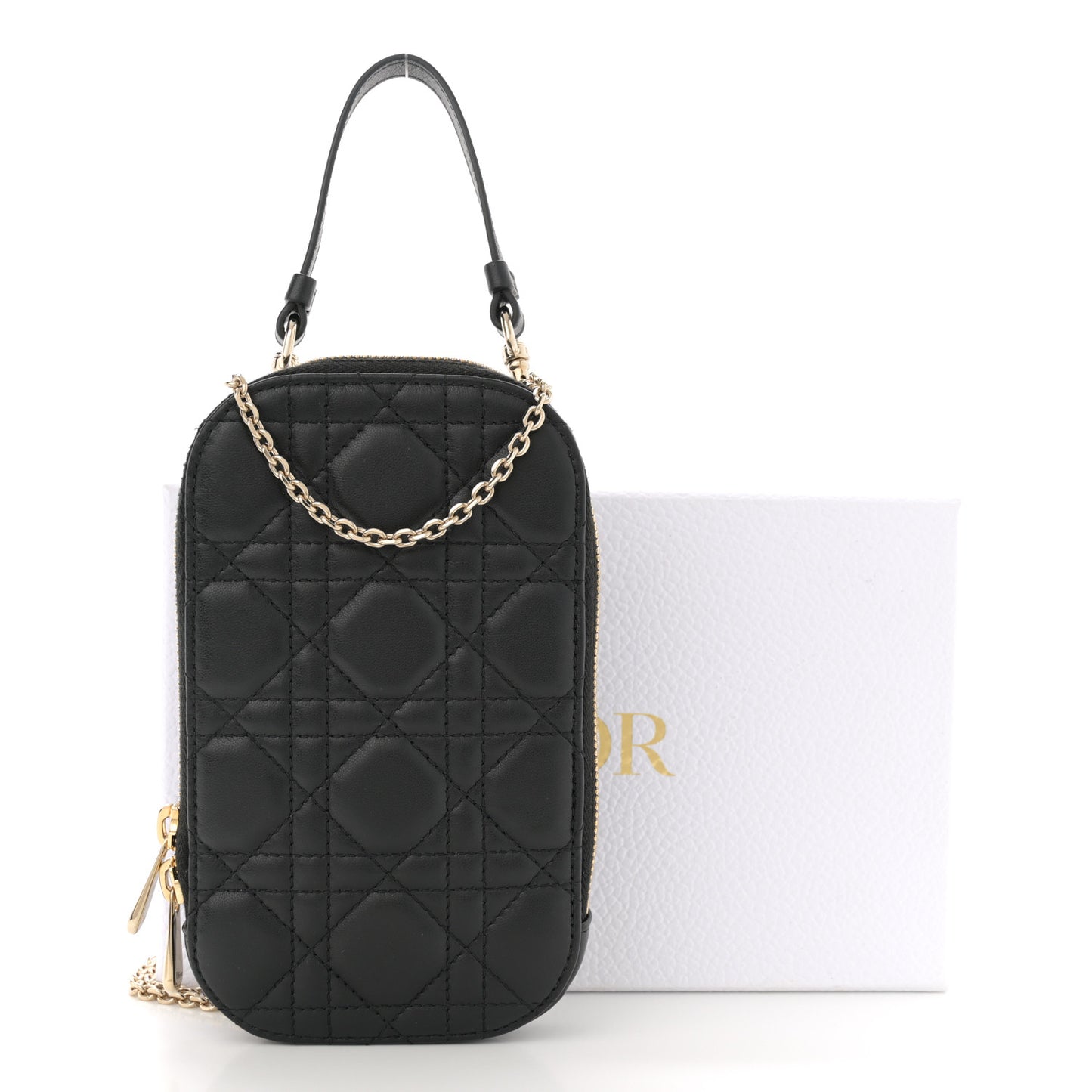 Lambskin Cannage Lady Dior Phone Holder Black