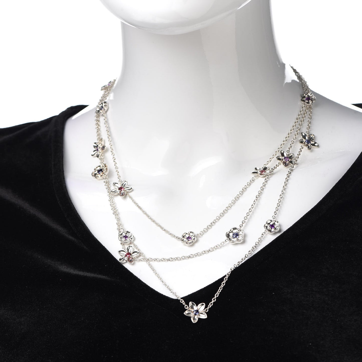 Sterling Silver Amethyst Iolite Pink Tourmaline Multi Chain Flower Necklace