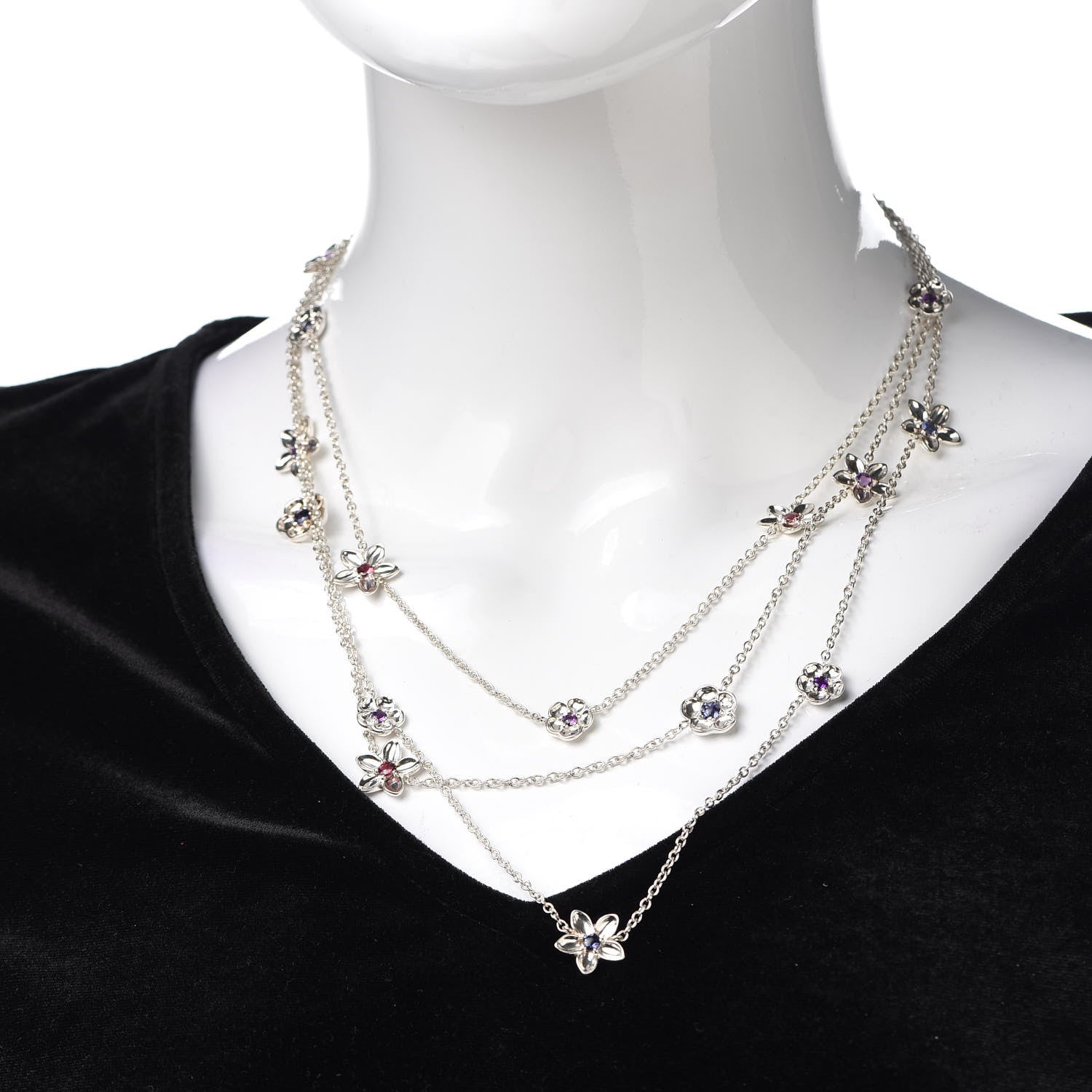 Tiffany Sterling Silver Amethyst Iolite Pink Tourmaline Multi Chain Flower Necklace 2 of 5