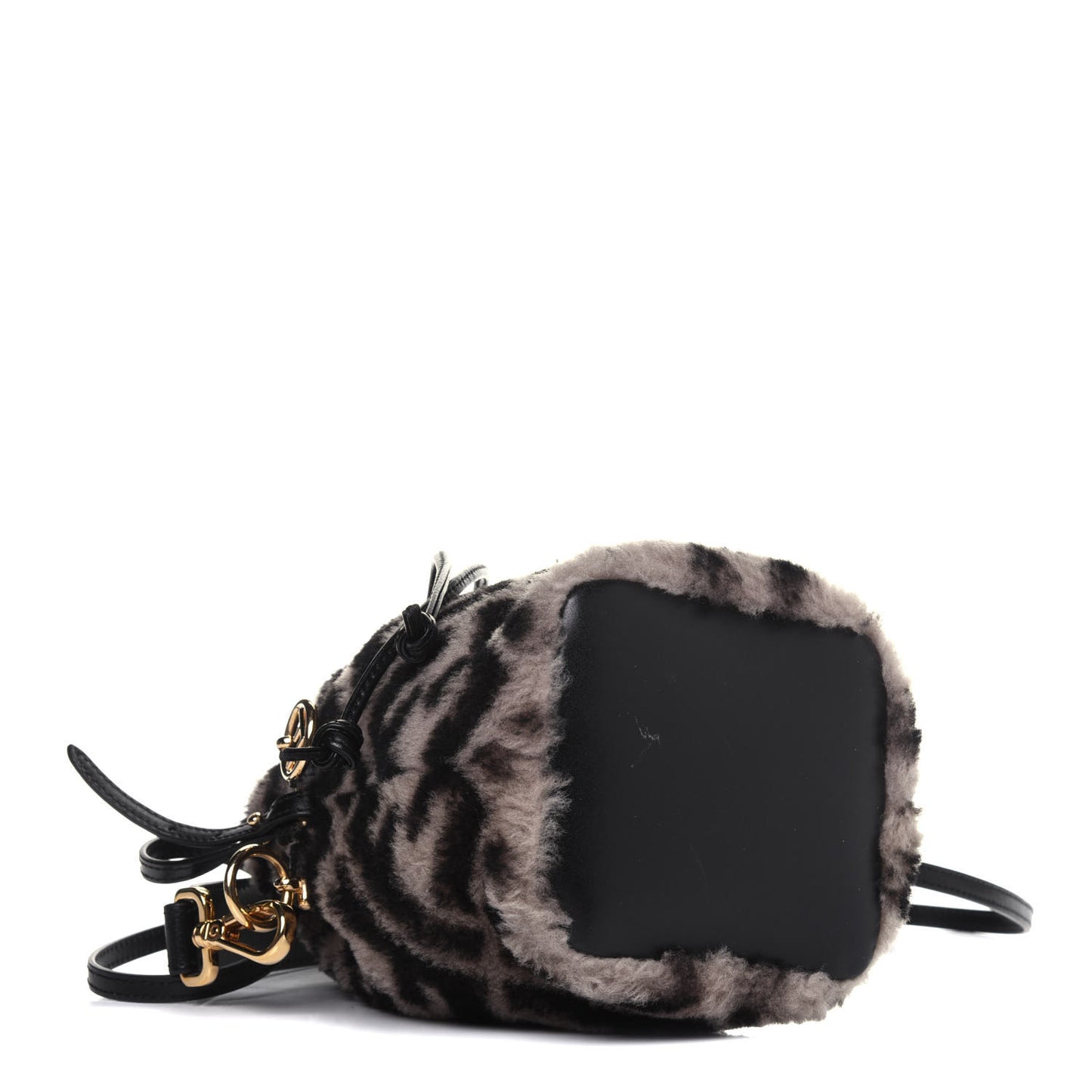 Shearling F is Fendi Macro FF 1974 Diagonal Mini Mon Tresor Bucket Bag Dove Black