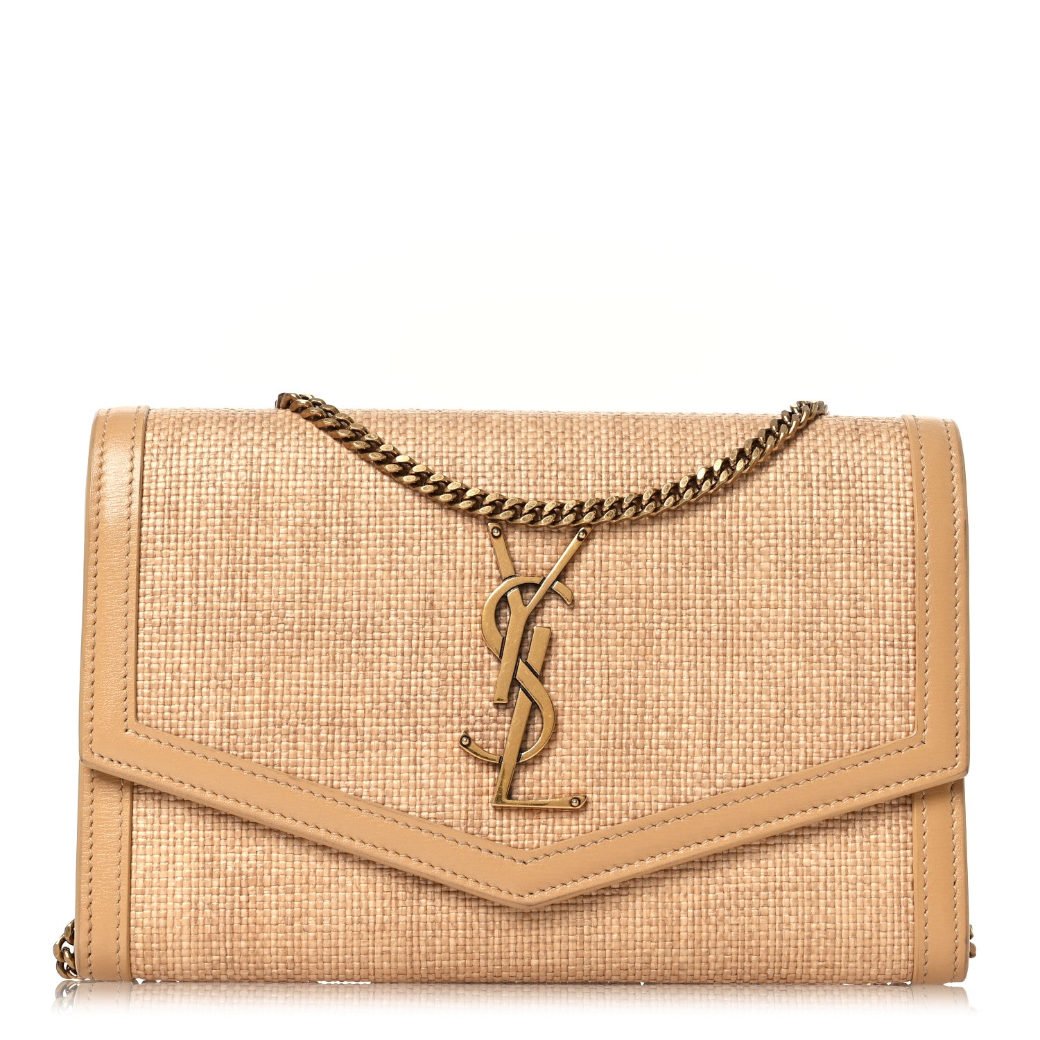 Saint Laurent Micro Raffia Monogram Uptown Chain Wallet Natural Hay Blush 1 of 14