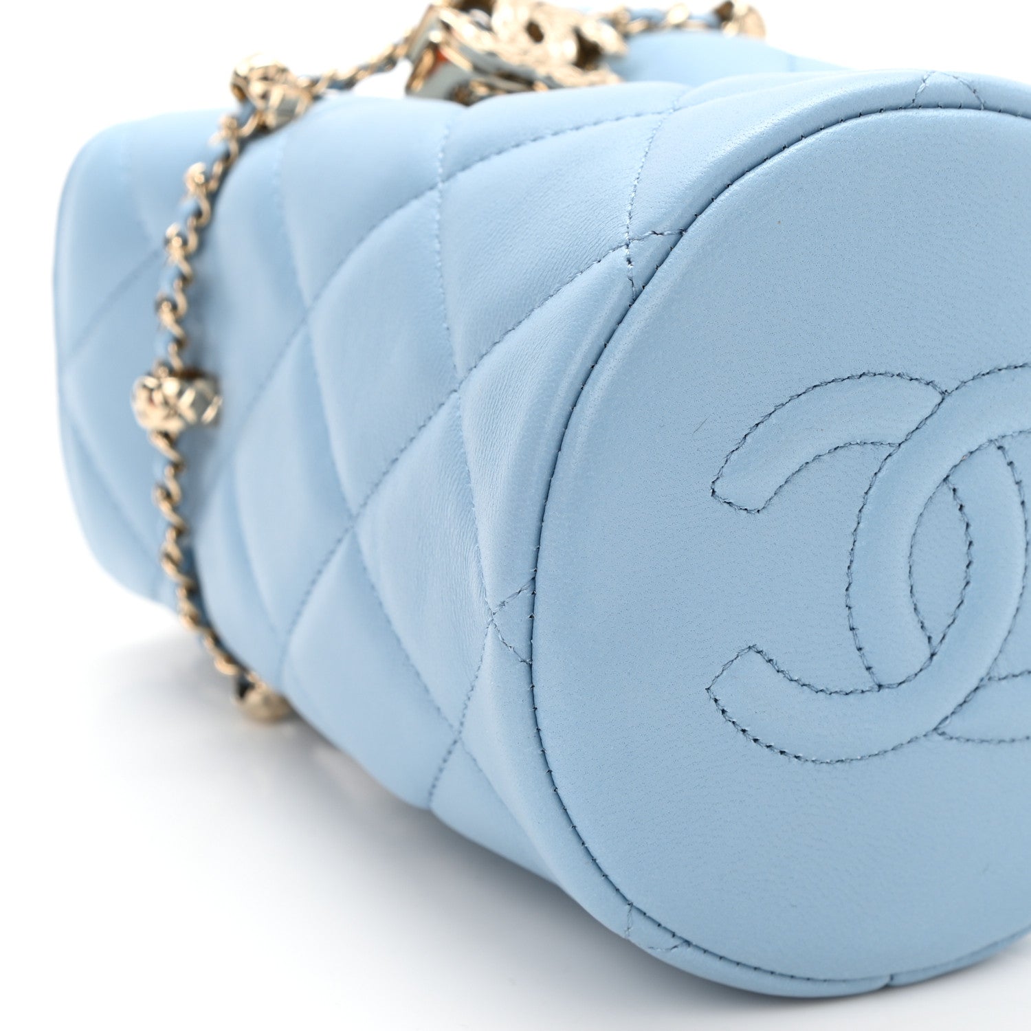 Chanel Lambskin Quilted Mini Drawstring Bucket Bag With Chain Light Blue 10 of 12