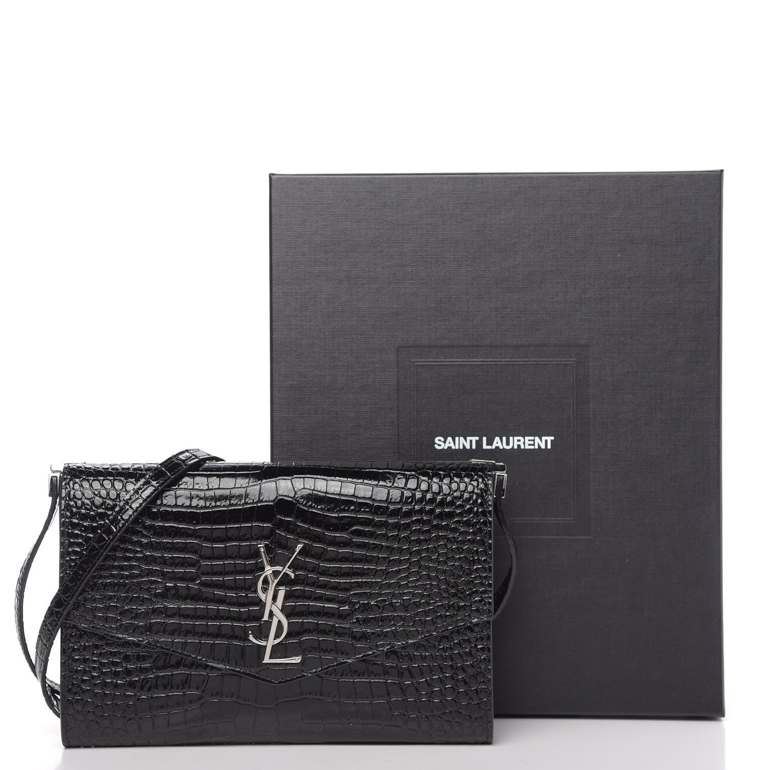Saint Laurent Calfskin Crocodile Embossed Monogram Uptown Crossbody Black 9 of 9