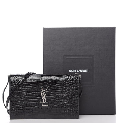 Saint Laurent Calfskin Crocodile Embossed Monogram Uptown Crossbody Black 9 of 9