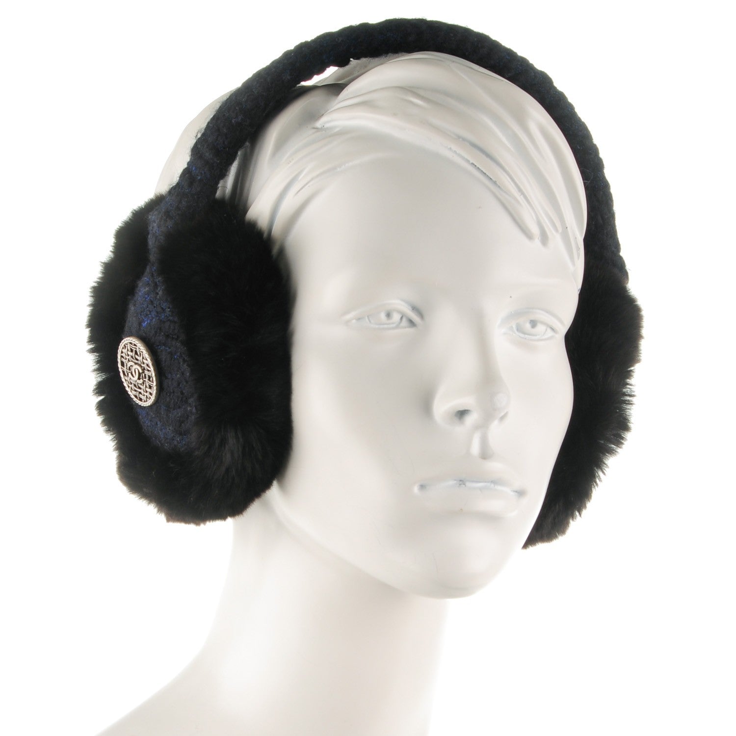 Chanel Rabbit Fur Tweed CC Earmuffs Blue Black 2 of 6