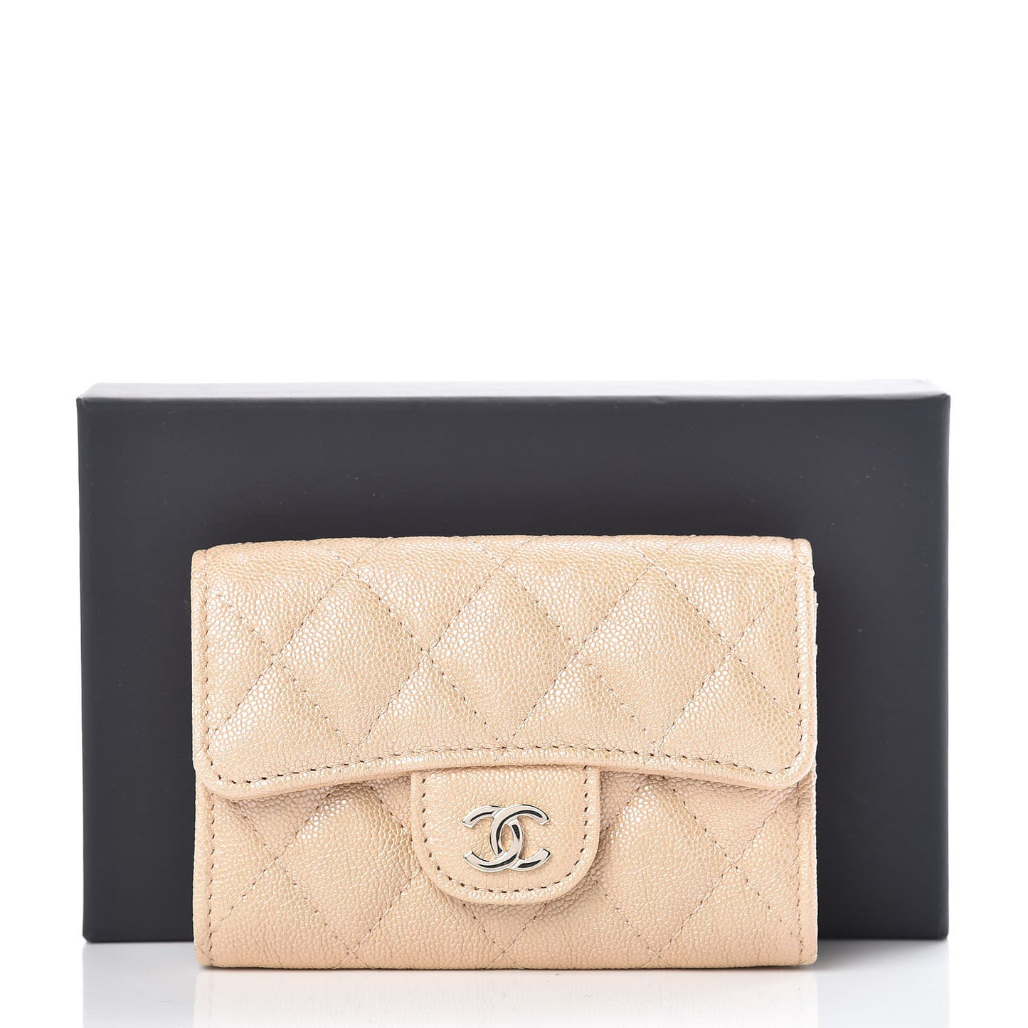 Iridescent Caviar Quilted Flap Card Holder Beige