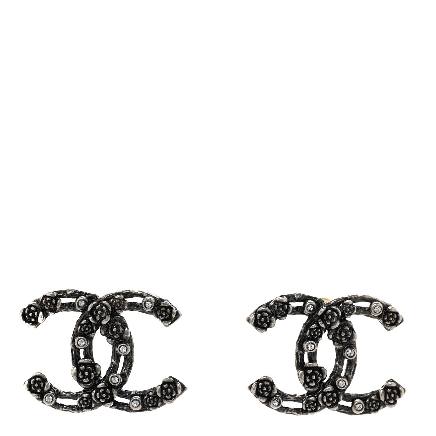 Chanel Crystal Ruthenium CC Camelia Earrings Black 1 of 5