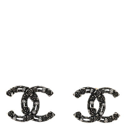 Chanel Crystal Ruthenium CC Camelia Earrings Black 1 of 5