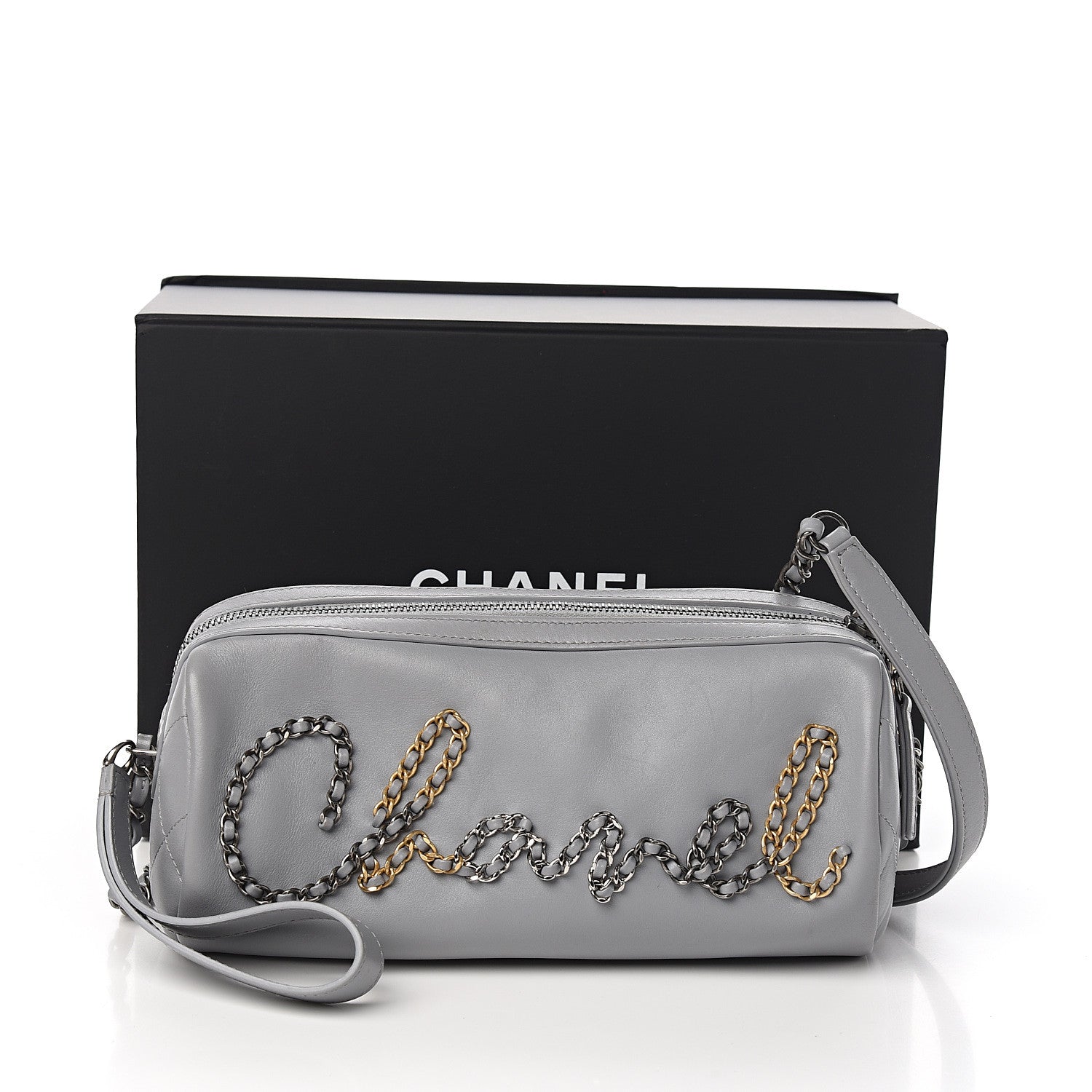 Chanel Calfskin Chain 20s Signature Bowling Bag Light Gray 12 of 12