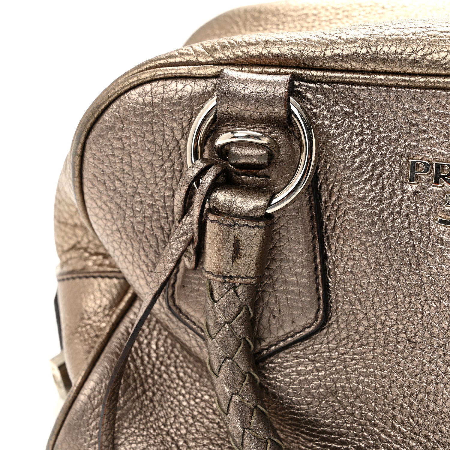 Prada Metallic Vitello Daino Braided Bowler Piombo 12 of 13