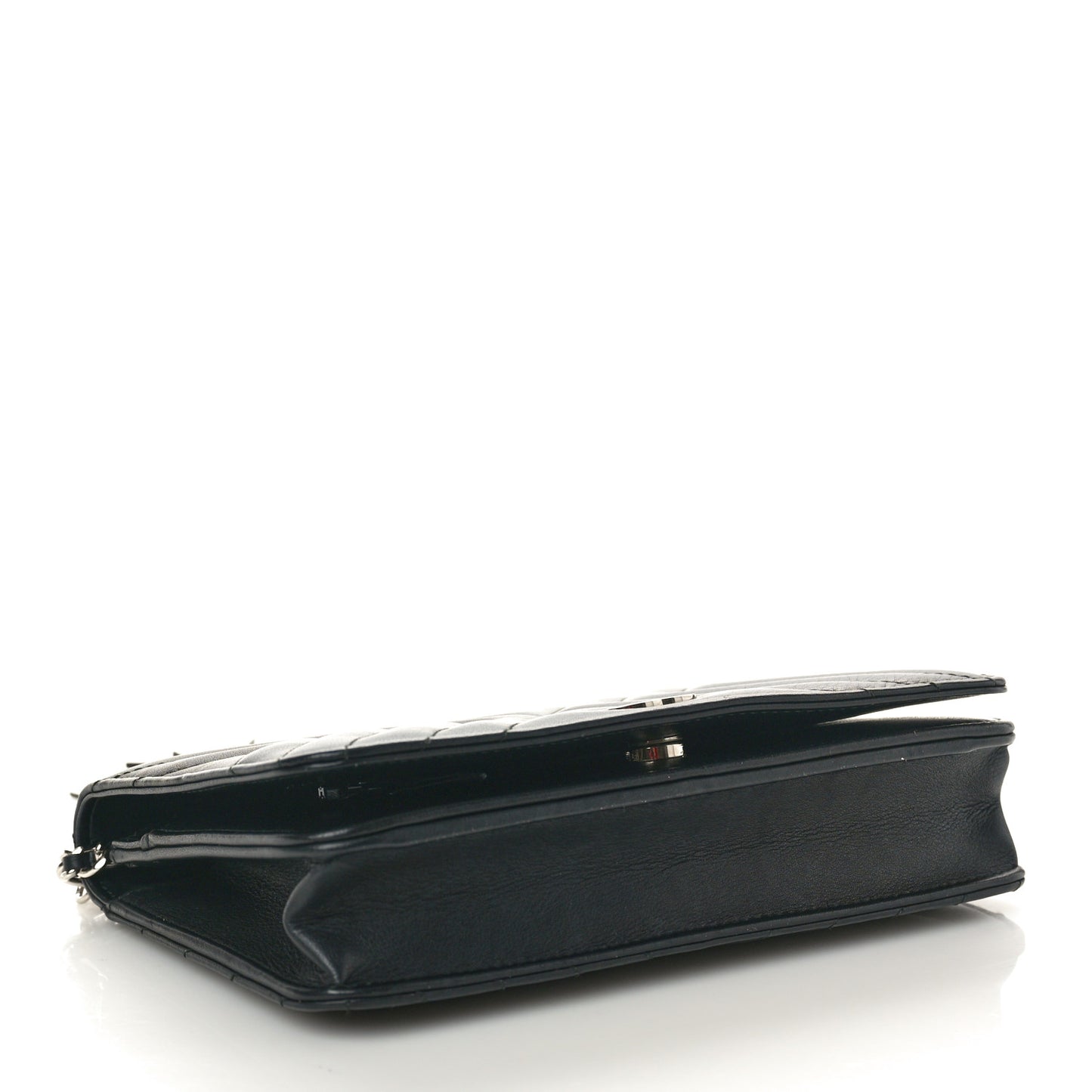 Calfskin Diagonal Chevron Quilted Tassel Wallet On Chain WOC Black