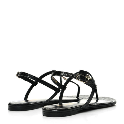 Saint Laurent Calfskin Crocodile Embossed Cassandra Monogram Sandals 38.5 Black 4 of 9