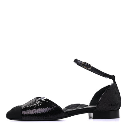 Chanel Sequin Grosgrain CC Cap Toe Ankle Flat 40 Black 1 of 9