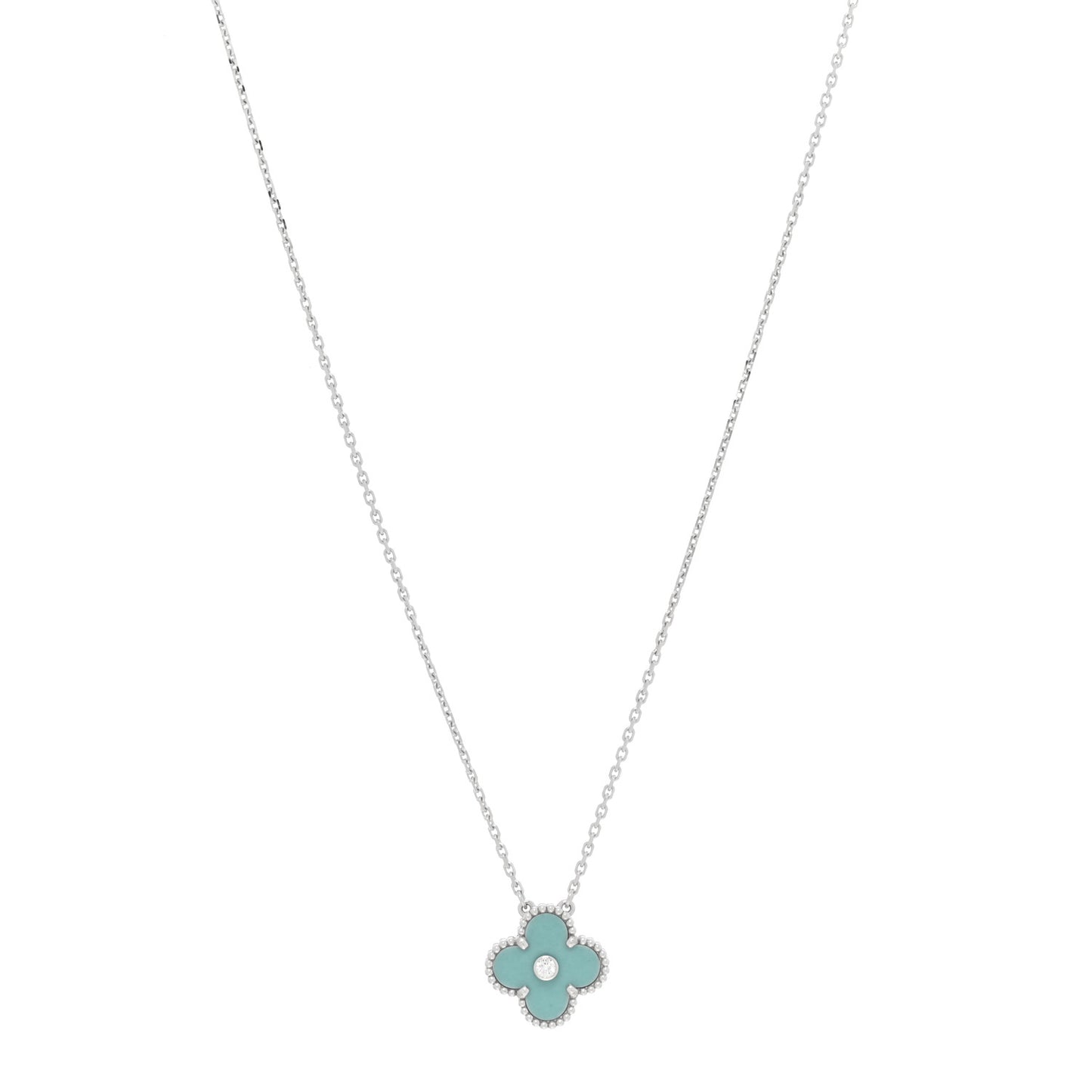 18K White Gold Diamond Celadon Green Sevres Porcelain Vintage Alhambra Pendant Necklace