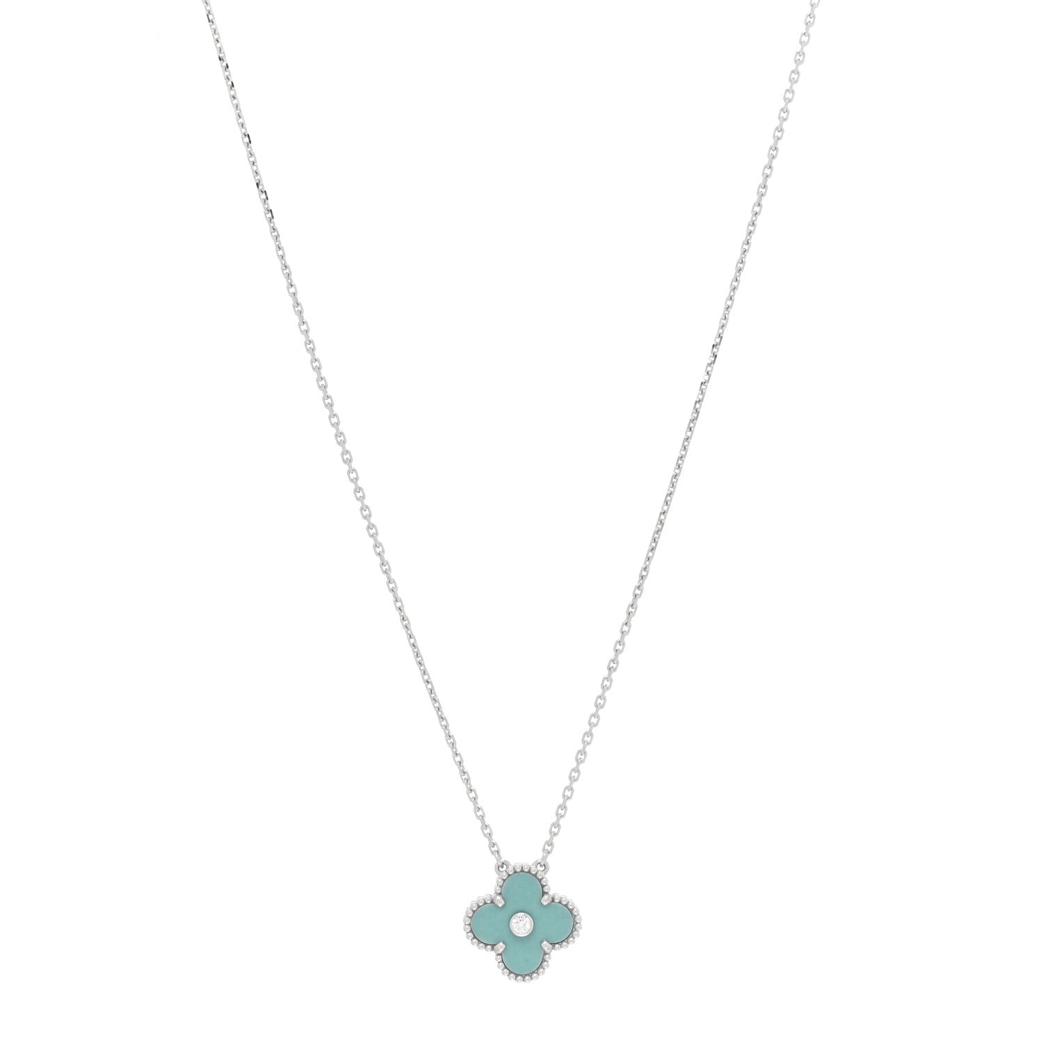 Van Cleef & Arpels 18K White Gold Diamond Celadon Green Sevres Porcelain Vintage Alhambra Pendant Necklace 1 of 6