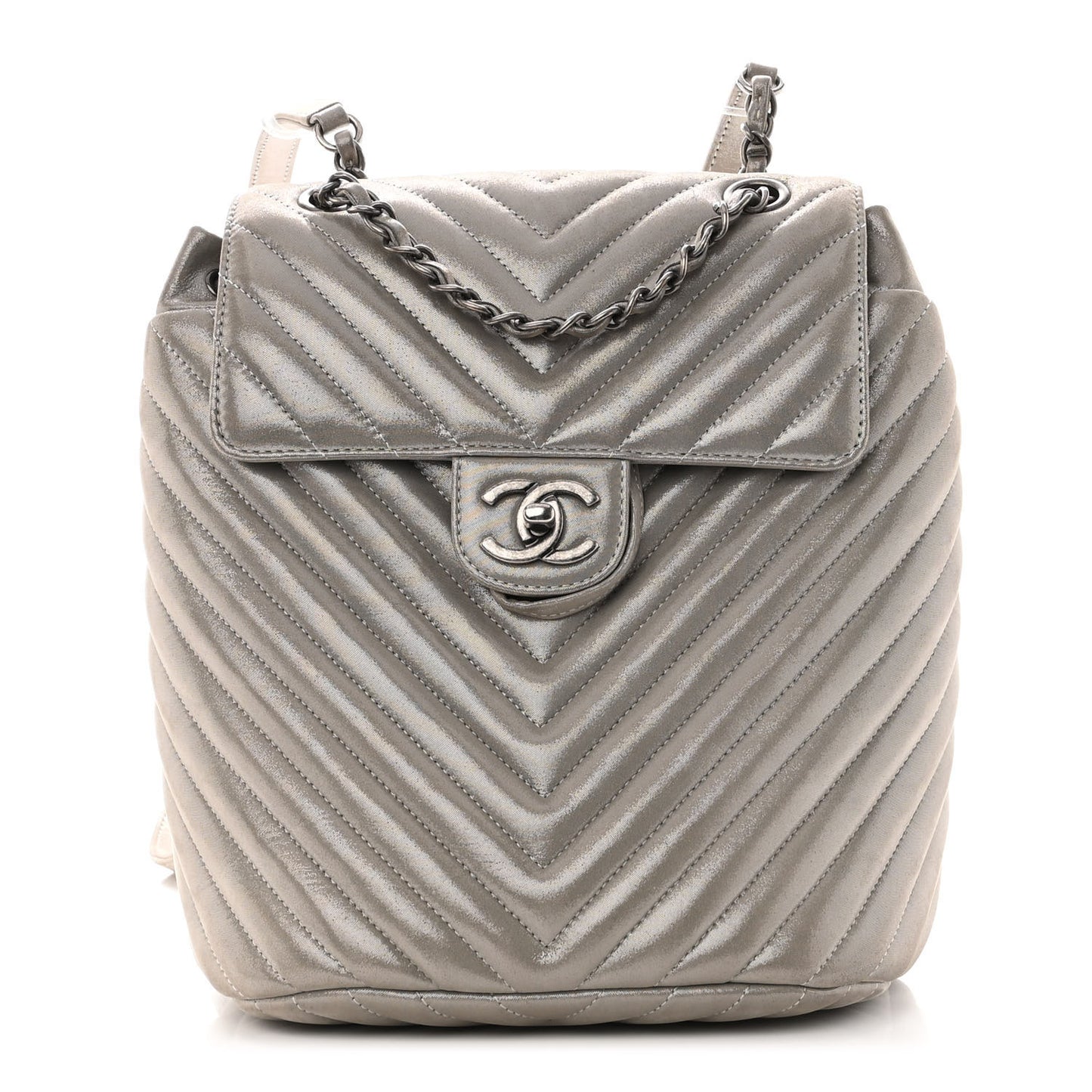 Iridescent Calfskin Chevron Quilted Small Urban Spirit Backpack Silver