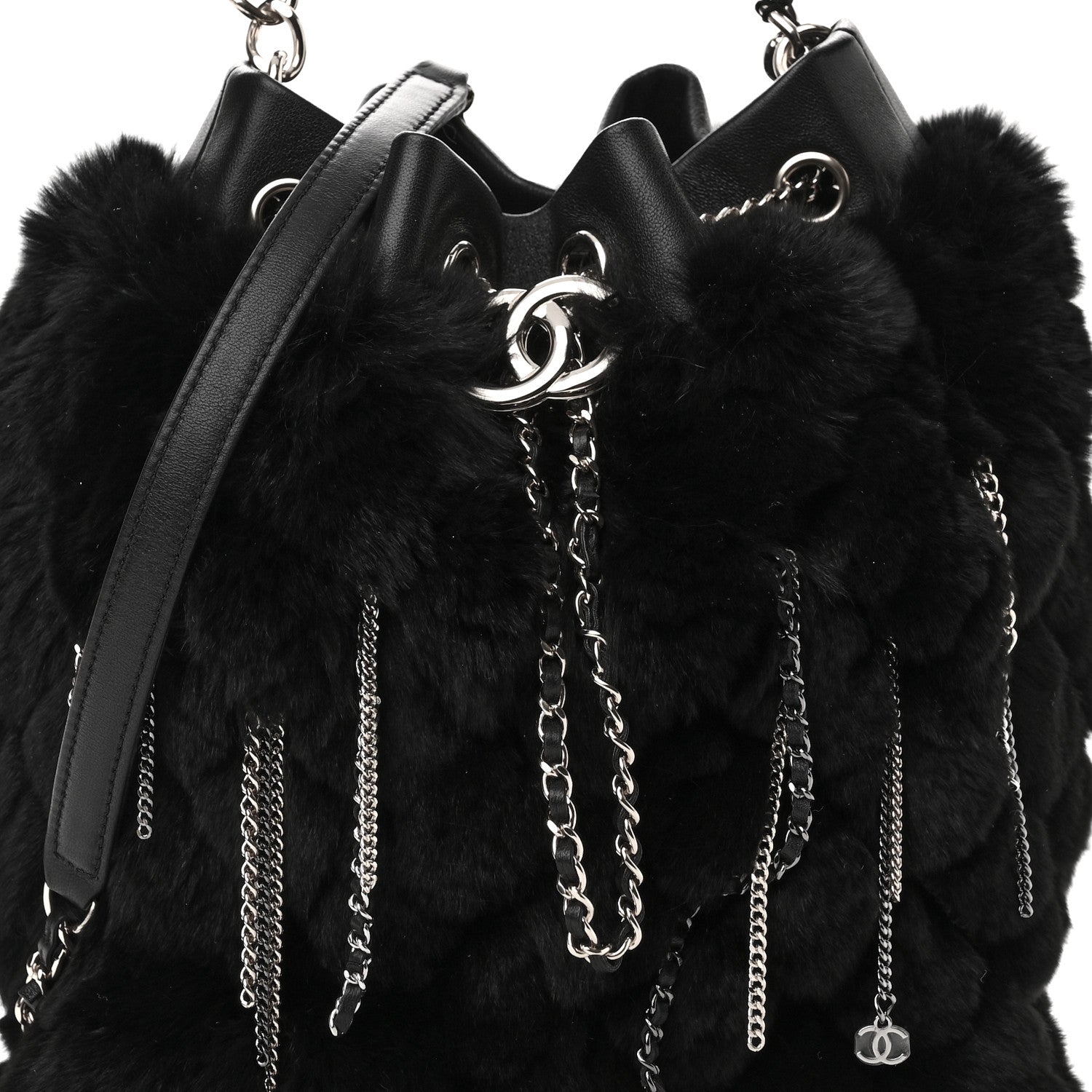 Chanel Fur Chain Drawstring Bucket Bag Black 3 of 11
