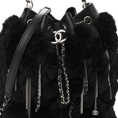 Chanel Fur Chain Drawstring Bucket Bag Black 3 of 11