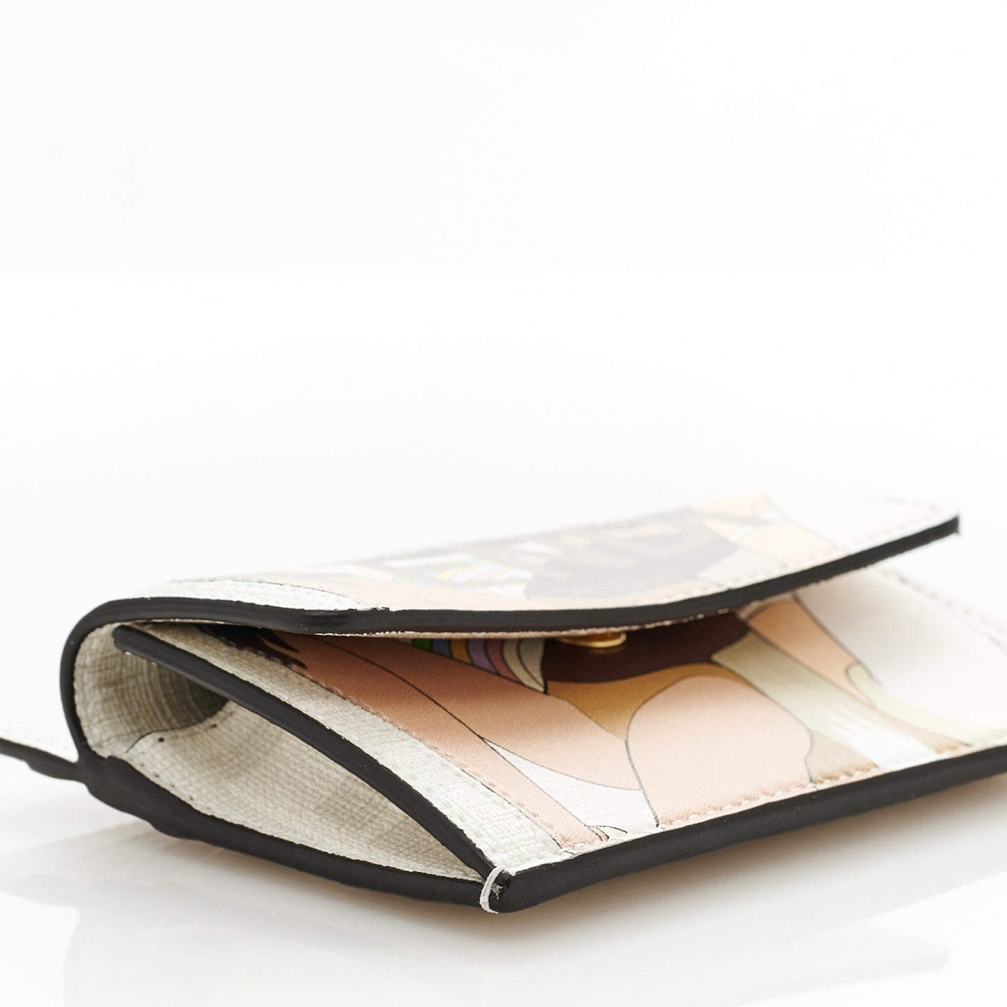 Glazed Fabric Vitello Liberty FF Logo Bikini Girls Inlay Fold Over Card Holder Wallet Bianco Perla Multicolor