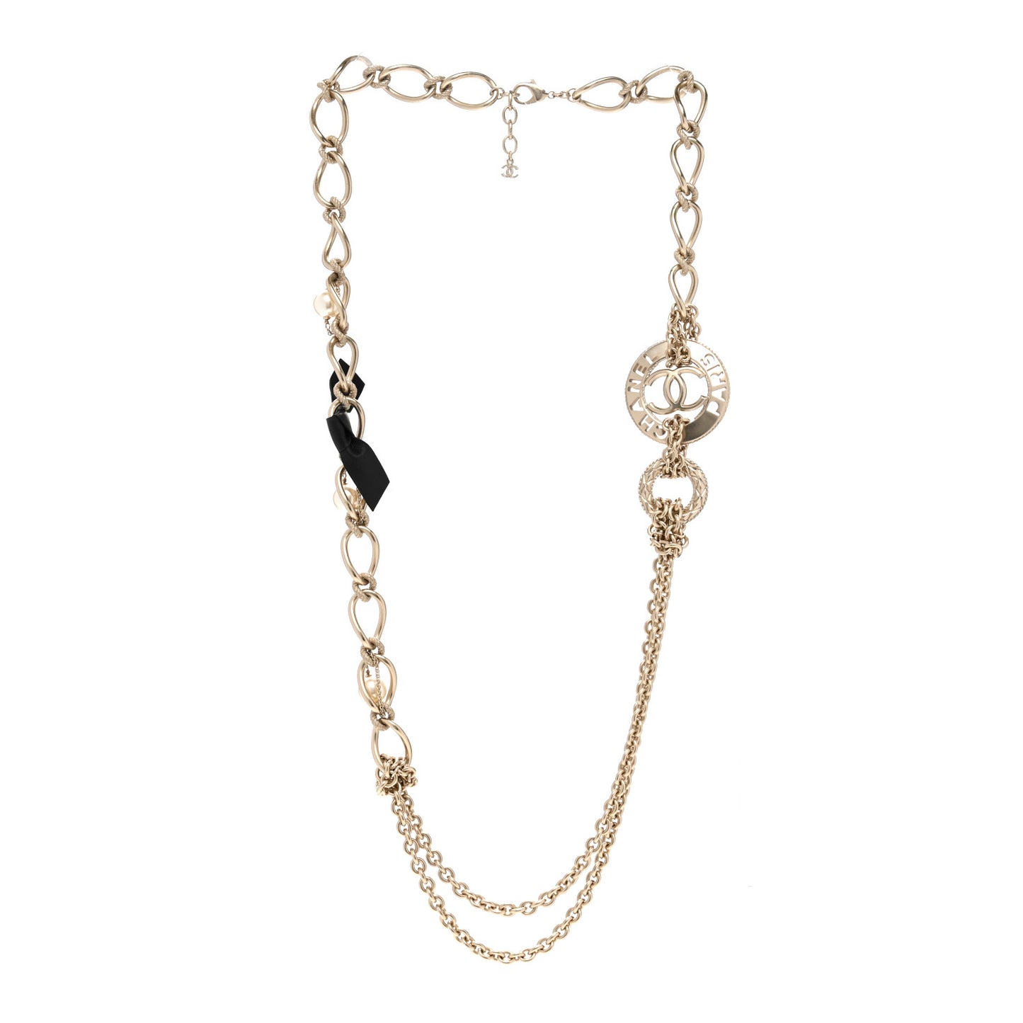 Metal Pearl Chain CC Paris Pendant Long Necklace Light Gold