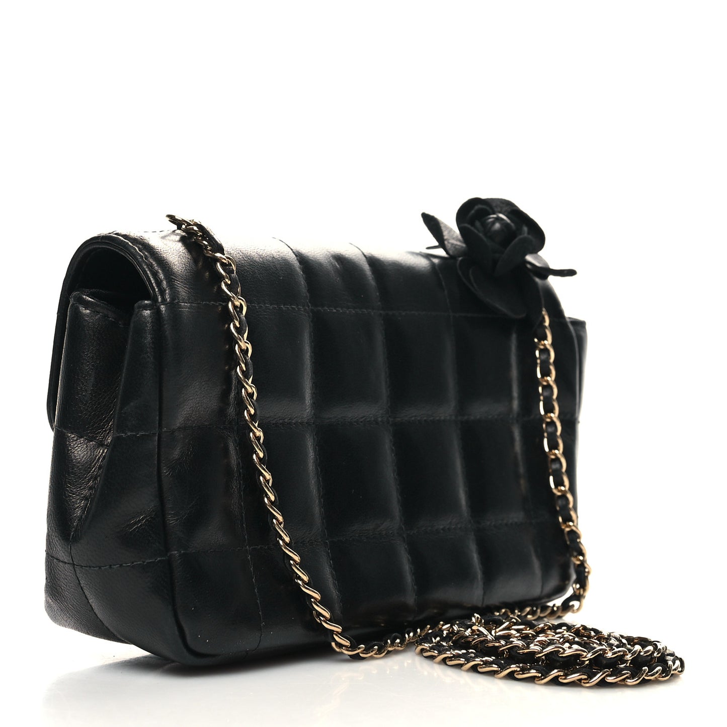 Lambskin Quilted Mini Chocolate Bar Camellia Flap Black