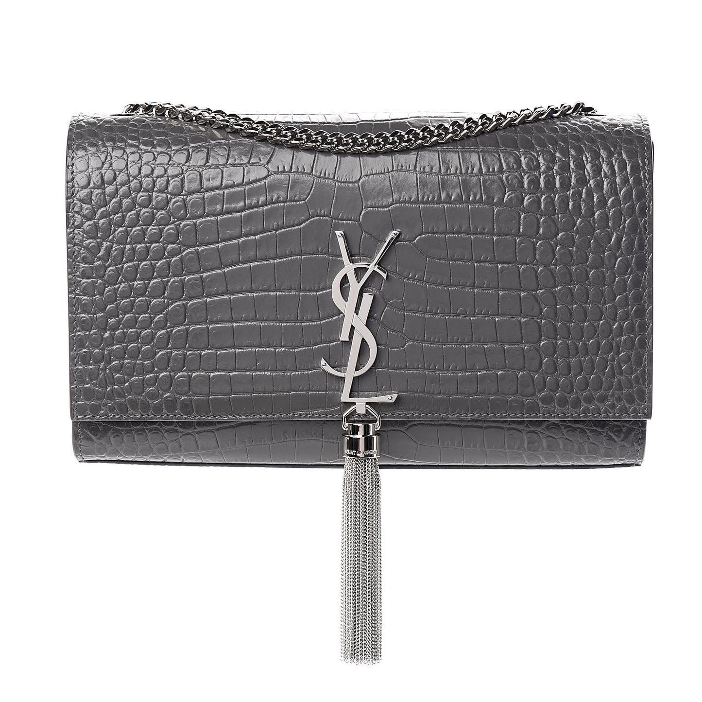 Calfskin Crocodile Embossed Medium Classic Monogram Kate Tassel Satchel Fog