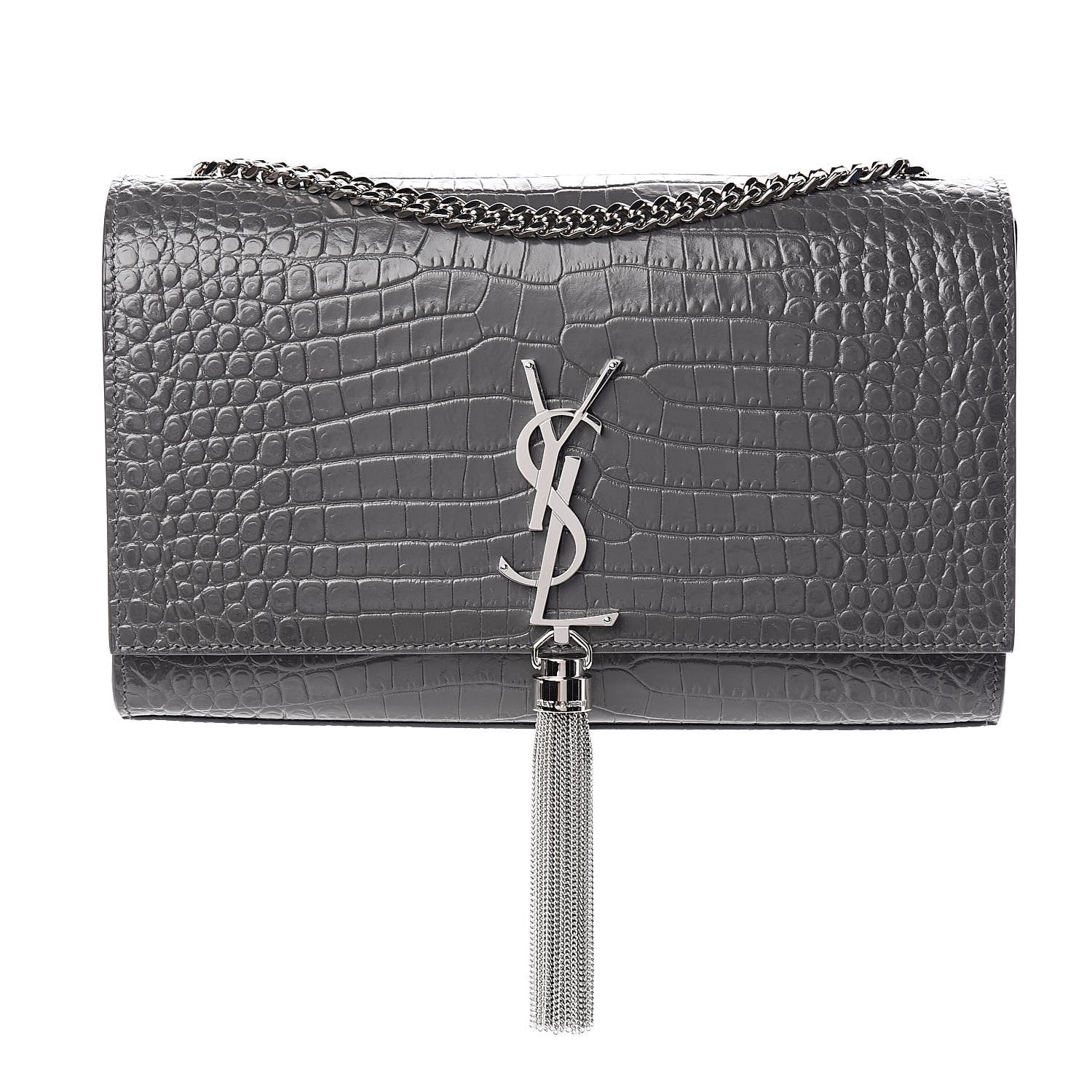 Saint Laurent Calfskin Crocodile Embossed Medium Classic Monogram Kate Tassel Satchel Fog 1 of 9