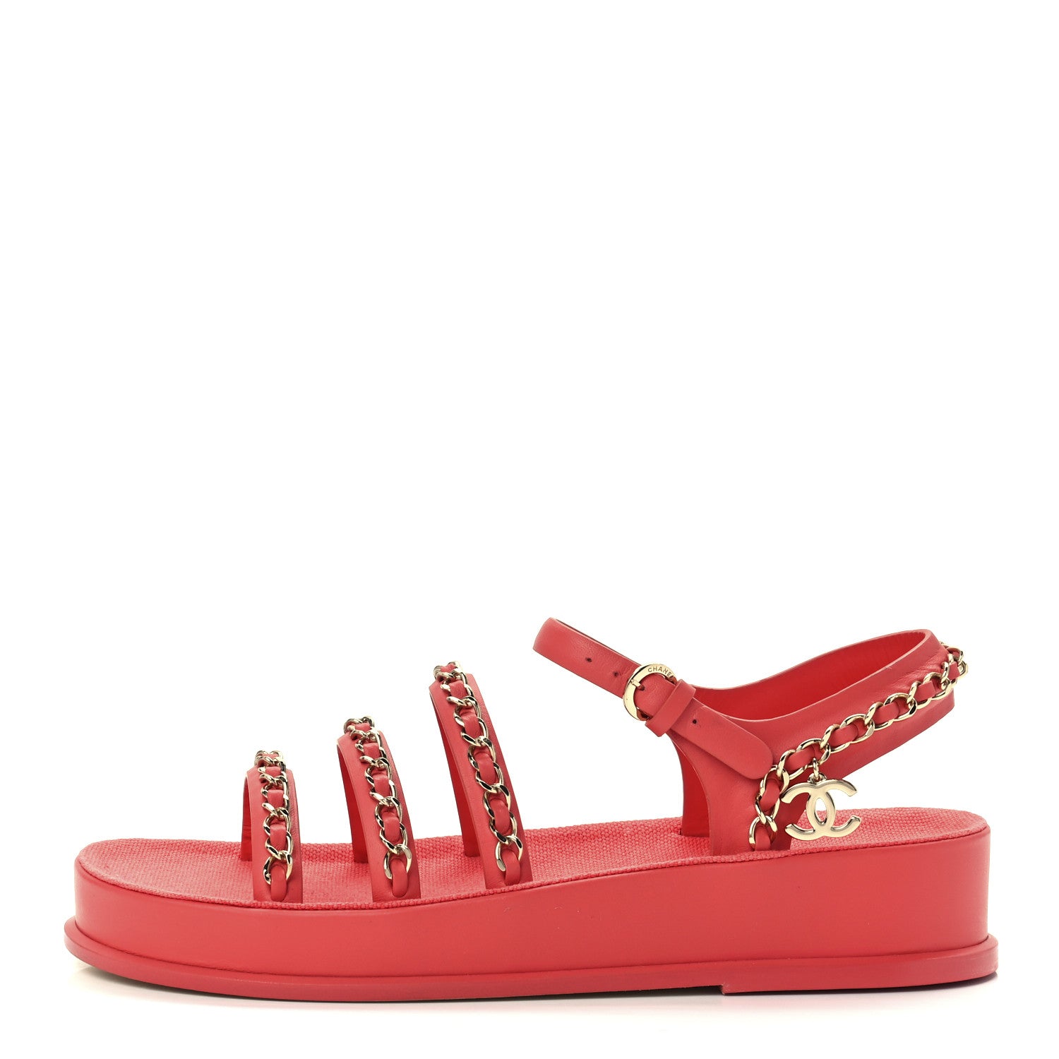 Chanel Calfskin Chain Platform Sandals 37 Red 1 of 10
