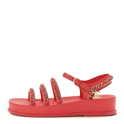 Chanel Calfskin Chain Platform Sandals 37 Red 1 of 10