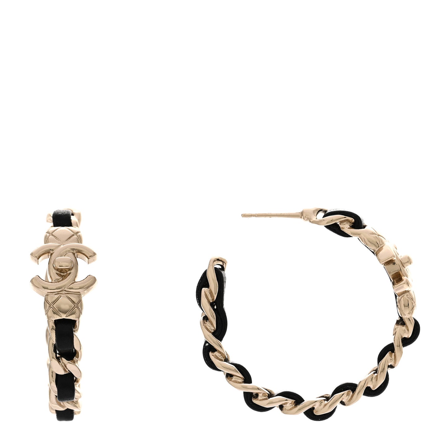 Metal Lambskin Quilted CC Turnlock Chain Hoop Earrings Gold Black