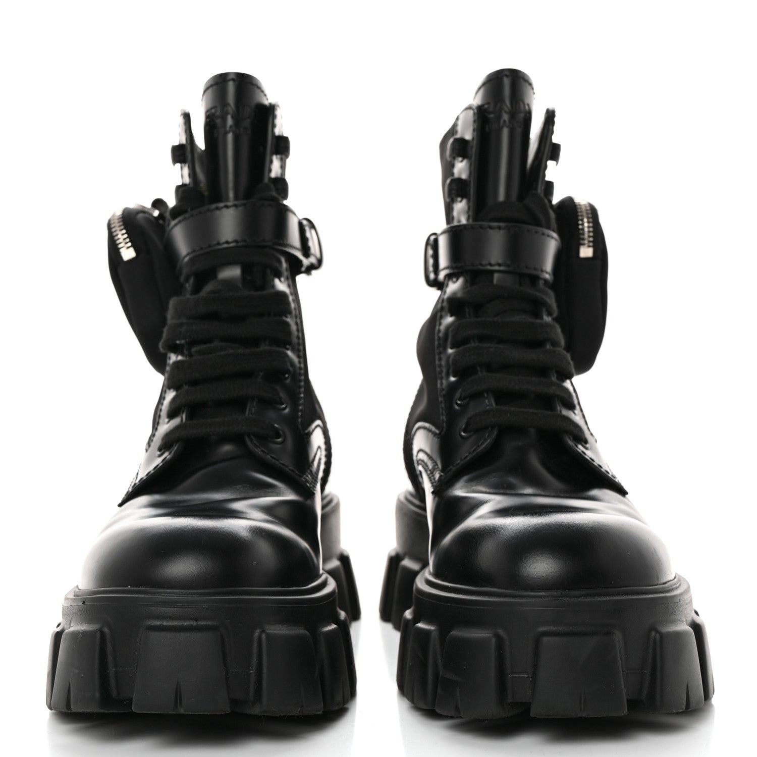 Prada Spazzolato Rois Re-Nylon Metal Triangle Logo Mens Monolith Pouch Pocket 60mm Combat Boots 7 Black 2 of 13