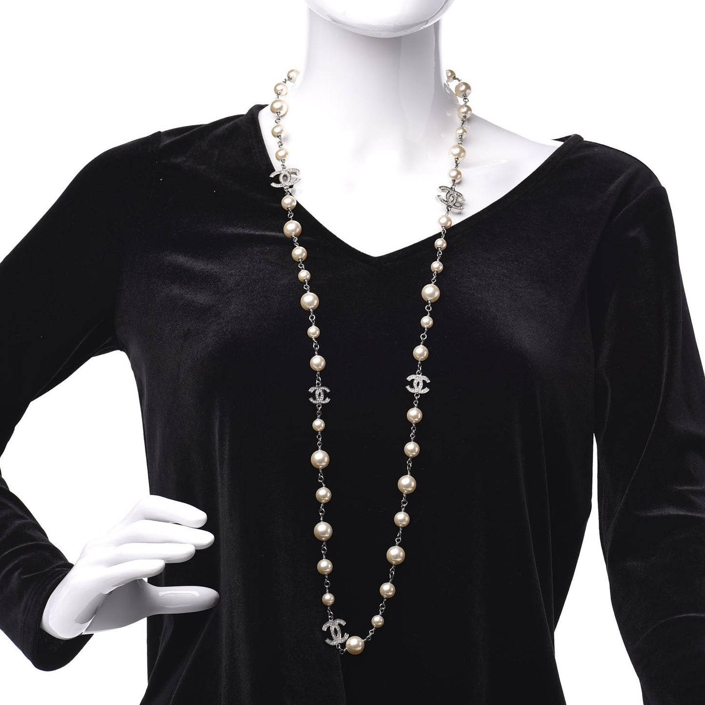 Crystal Pearl CC Necklace Silver