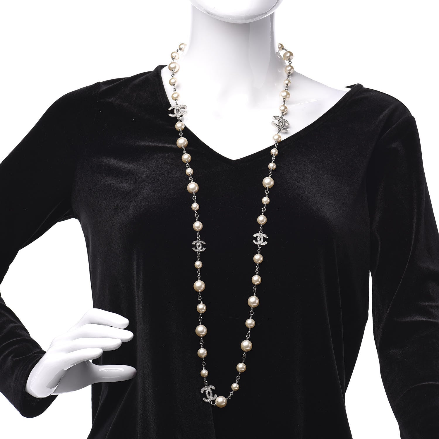 Chanel Crystal Pearl CC Necklace Silver 2 of 5
