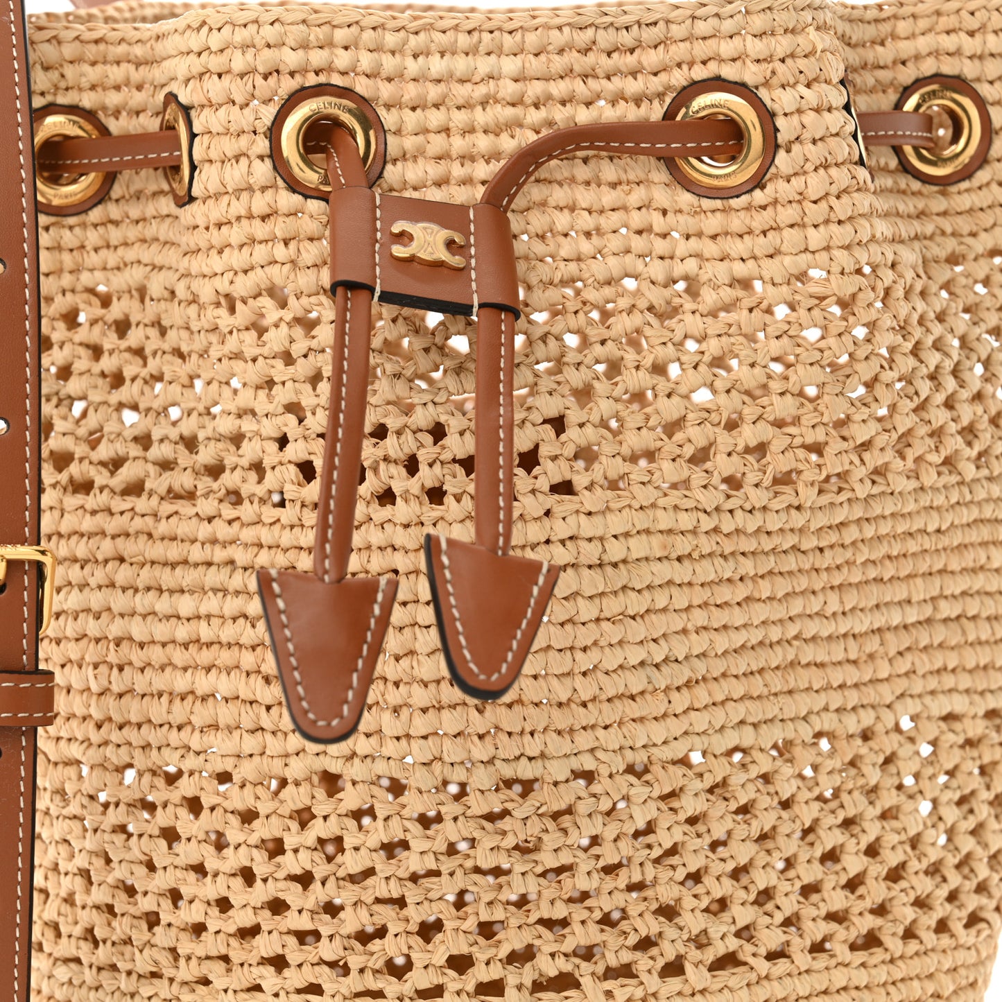 Raffia Woven Clara Drawstring Bucket Bag Natural Tan