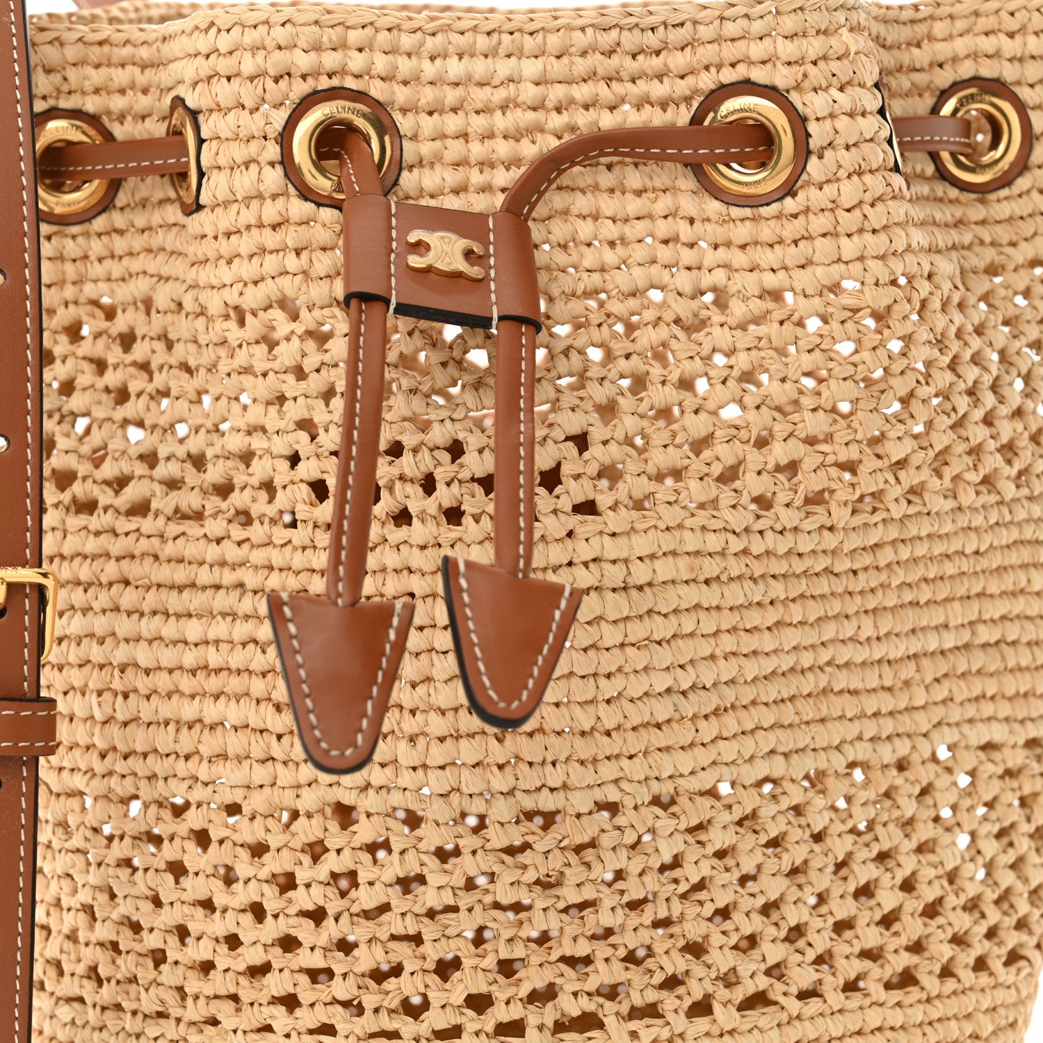 Celine Raffia Woven Clara Drawstring Bucket Bag Natural Tan 7 of 9