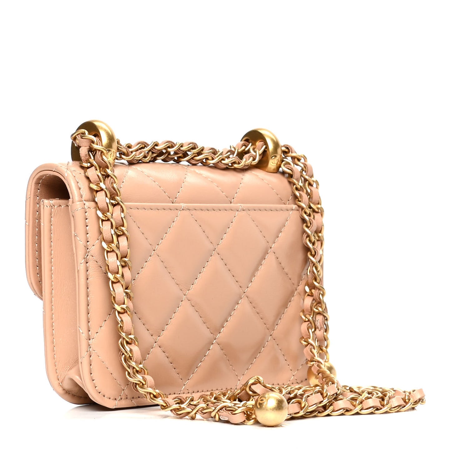 Calfskin Quilted Perfect Fit Coin Purse With Chain Beige