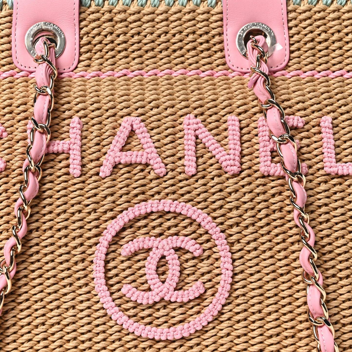 Raffia Crochet Medium Deauville Tote Beige Light Pink Green
