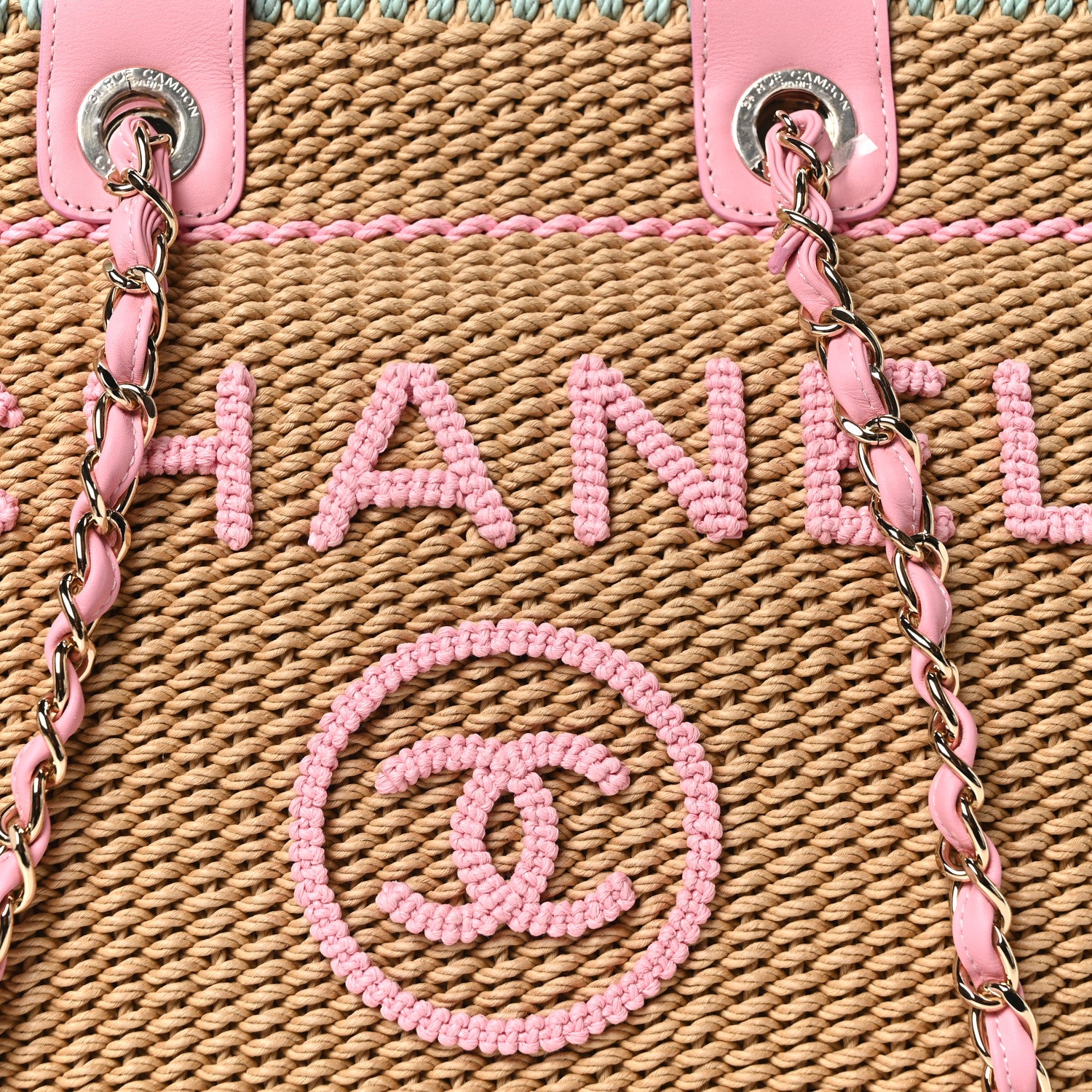 Chanel Raffia Crochet Medium Deauville Tote Beige Light Pink Green 9 of 11