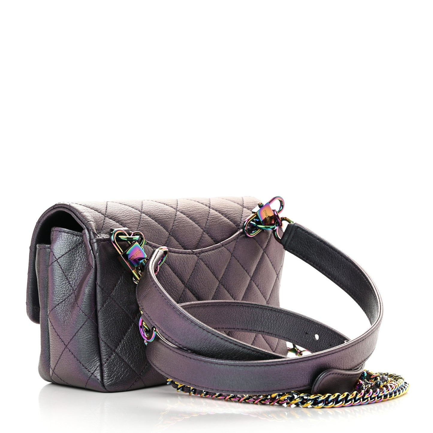 Iridescent Goatskin Quilted Small Double Carry Waist Chain Flap Purple