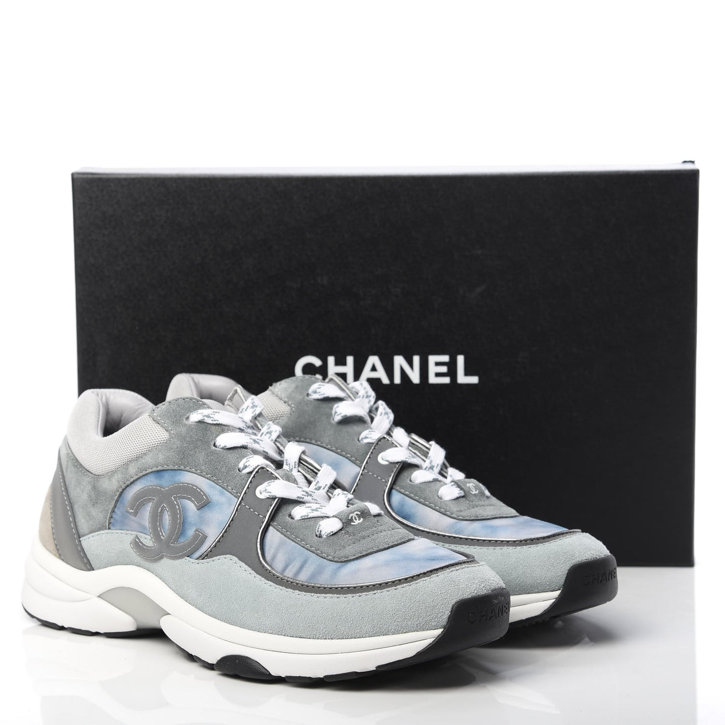 Nylon Lambskin Suede Calfskin CC Sneakers 40.5 Blue Grey White