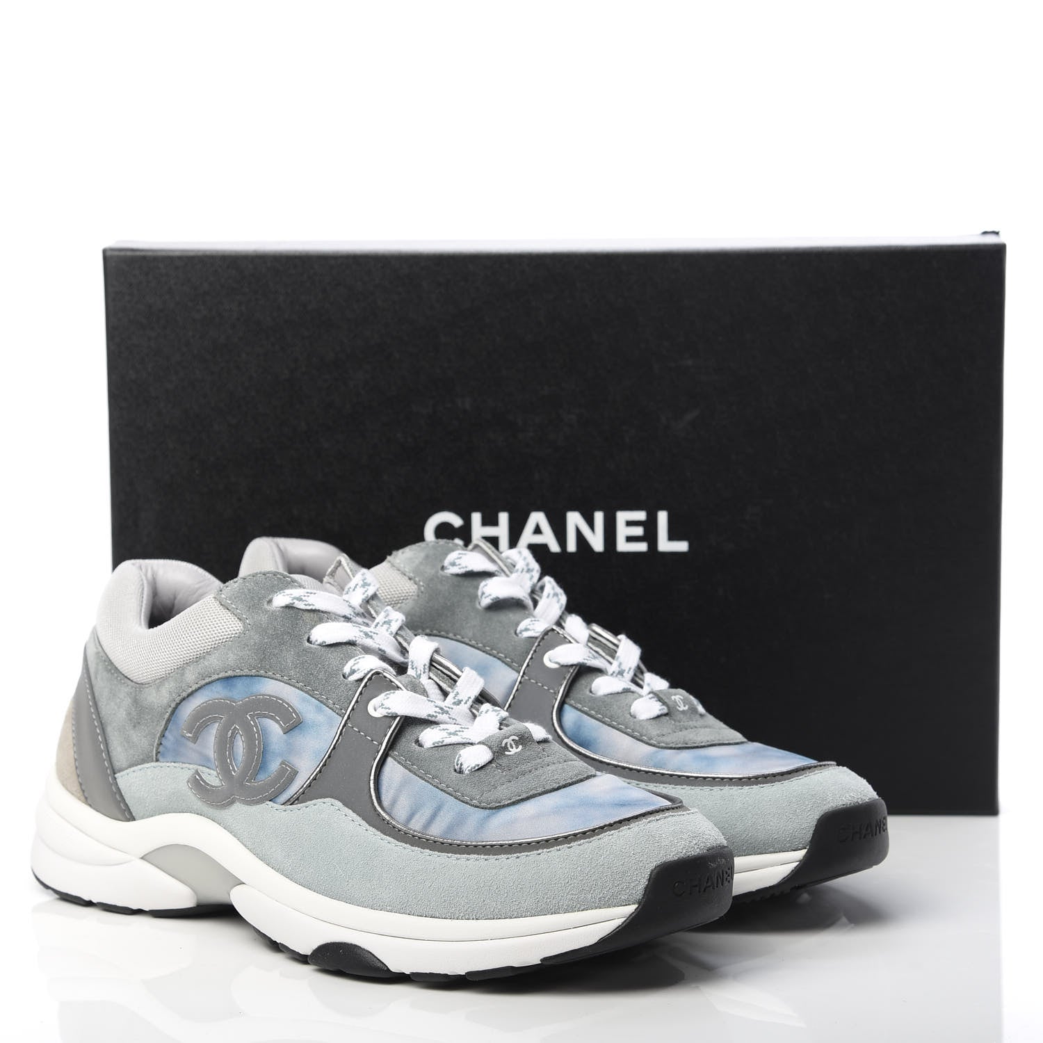 Chanel Nylon Lambskin Suede Calfskin CC Sneakers 40.5 Blue Grey White 8 of 8